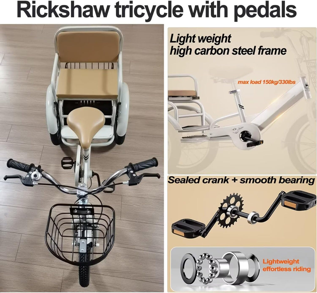 3 Wheels Bicycle,Rickshaw Tricycle with Pedals,Tandem Trike with Back seat,seat with Belt and armrest,Front and Rear Wheel Brakes,Outdoor Cruiser Bike,Pneumatic tire Spoke Wheels