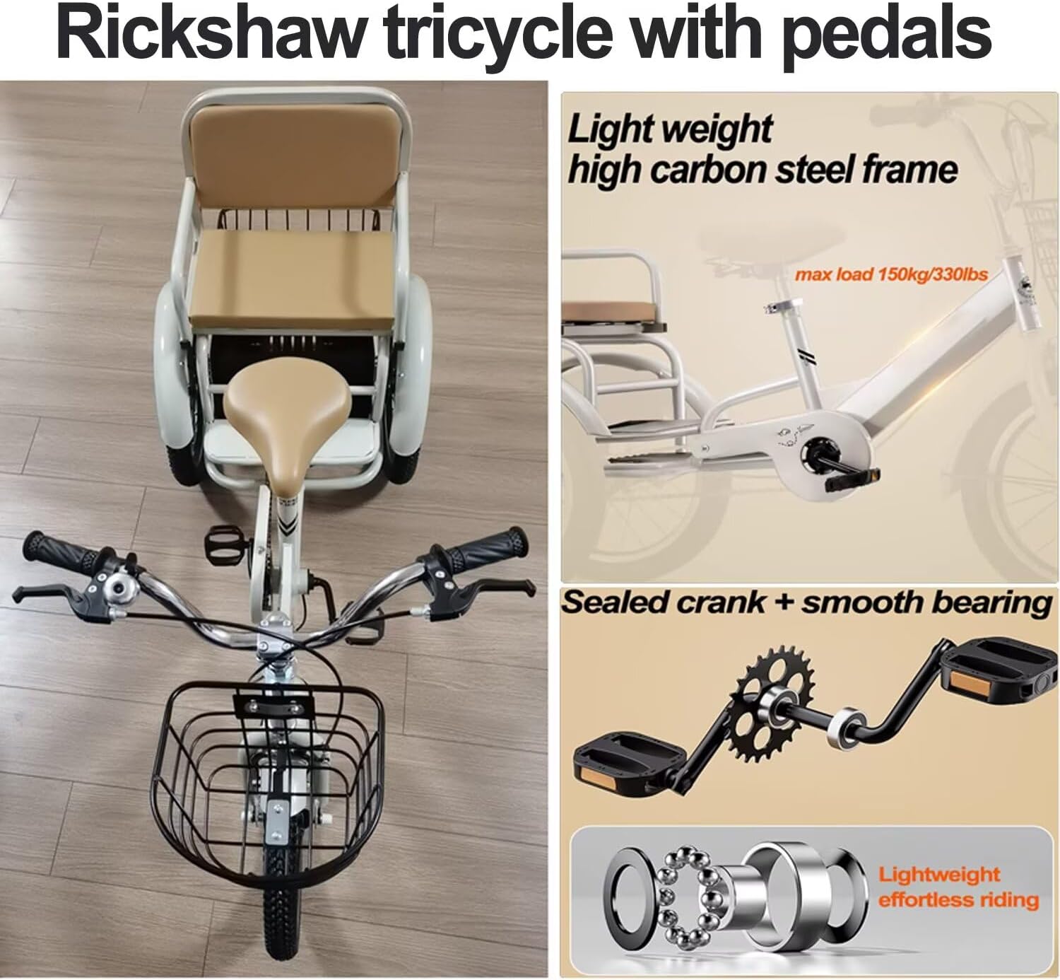 3 Wheels Bicycle,Rickshaw Tricycle with Pedals,Tandem Trike with Back seat,seat with Belt and armrest,Front and Rear Wheel Brakes,Outdoor Cruiser Bike,Pneumatic tire Spoke Wheels
