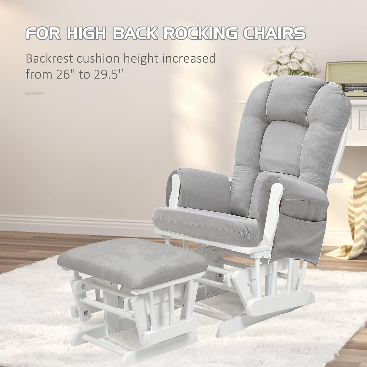 BECHAEO 5PCS Suede Glider Rocker Replacement Cushions with Ottoman Cover Thicken Soft Rocking Chair Cushion Set for Indoor Nursery Glider Rocking Chair, Light Gray