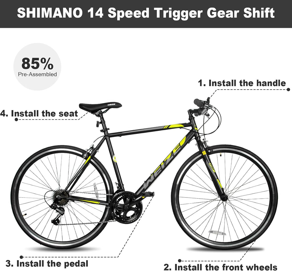 WEIZE 700C Hybrid Bike for Adults, 14 Speed Road Bike, City Commuter Bicycle with Caliper Brakes, High-Carbon Steel Racing Adult Bike, Urban Adult Bicycle for Men and Women