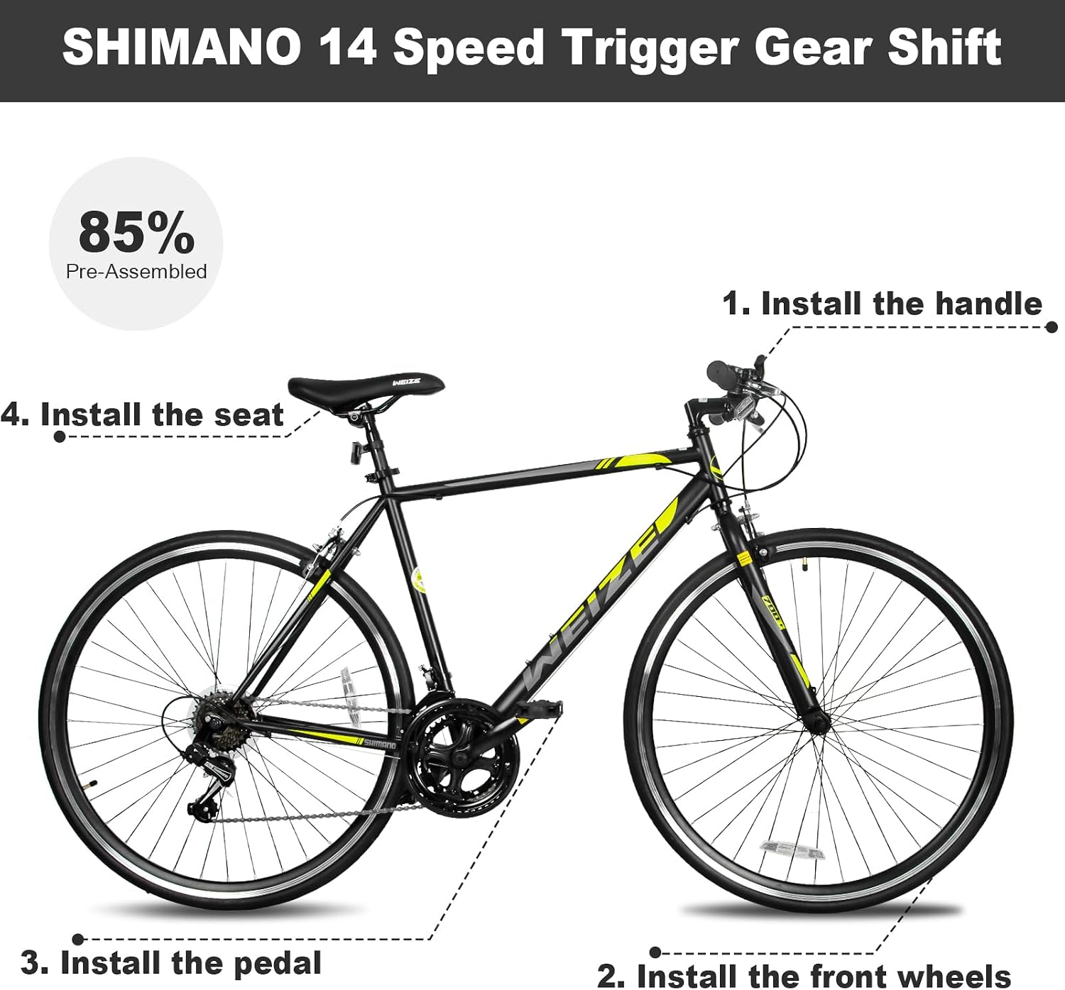 WEIZE 700C Hybrid Bike for Adults, 14 Speed Road Bike, City Commuter Bicycle with Caliper Brakes, High-Carbon Steel Racing Adult Bike, Urban Adult Bicycle for Men and Women