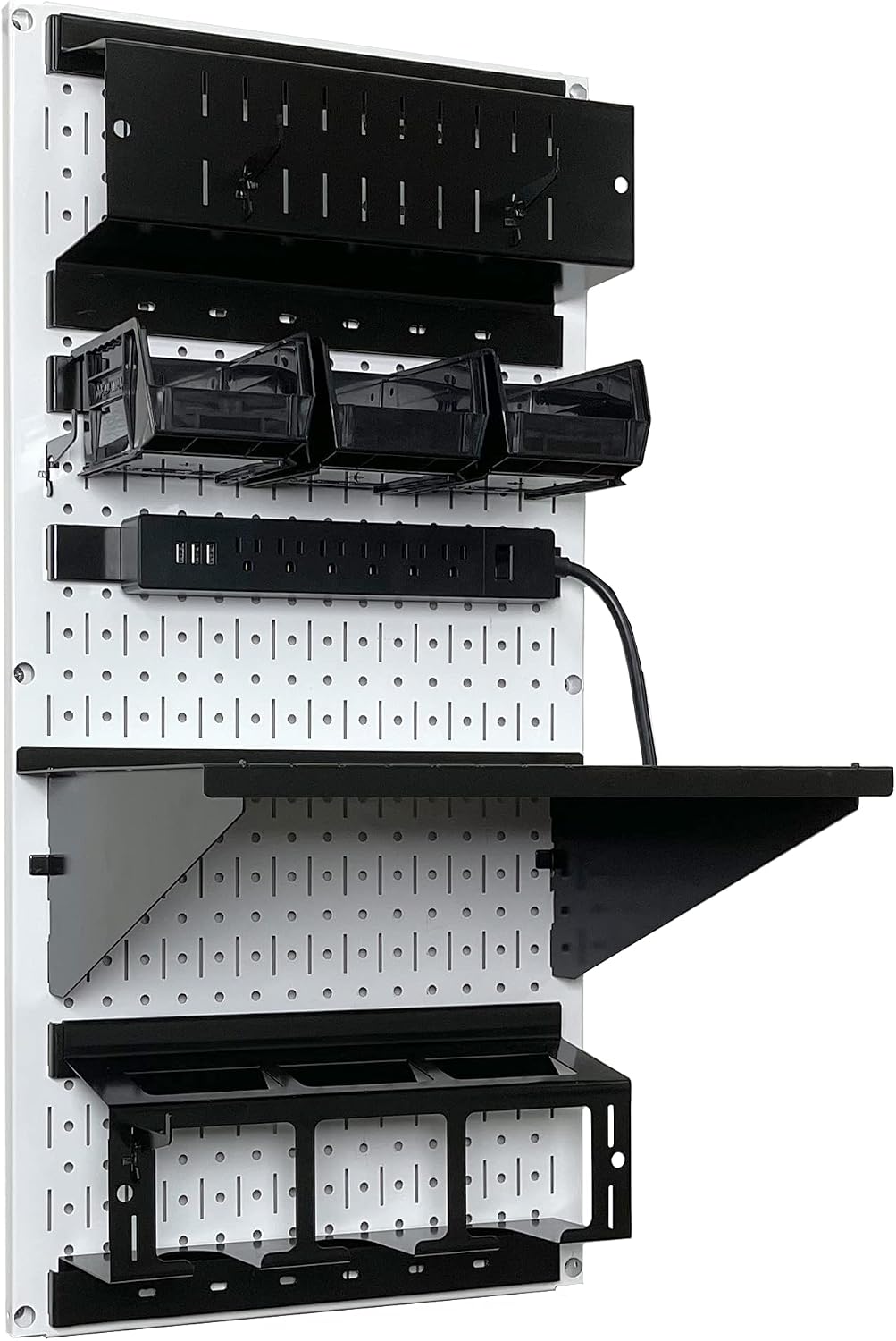 Wall Control Power Tool Storage Organizer Kit Cordless Drill Holder Charging Station Rack 16' x 32' Metal Pegboard Organization System (White Pegboard)