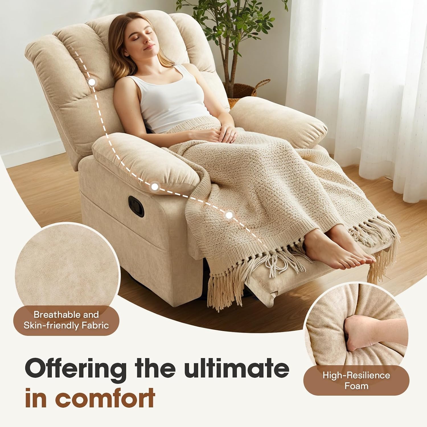 COOSLEEP Oversized Manual Swivel Rocker Recliner Chair, Extra Wide Glider Rocker Recliner for Big and Tall, Overstuffed Lazy Recliner Chair with High Back, Single Sofa Chair for Living Room(Beige)