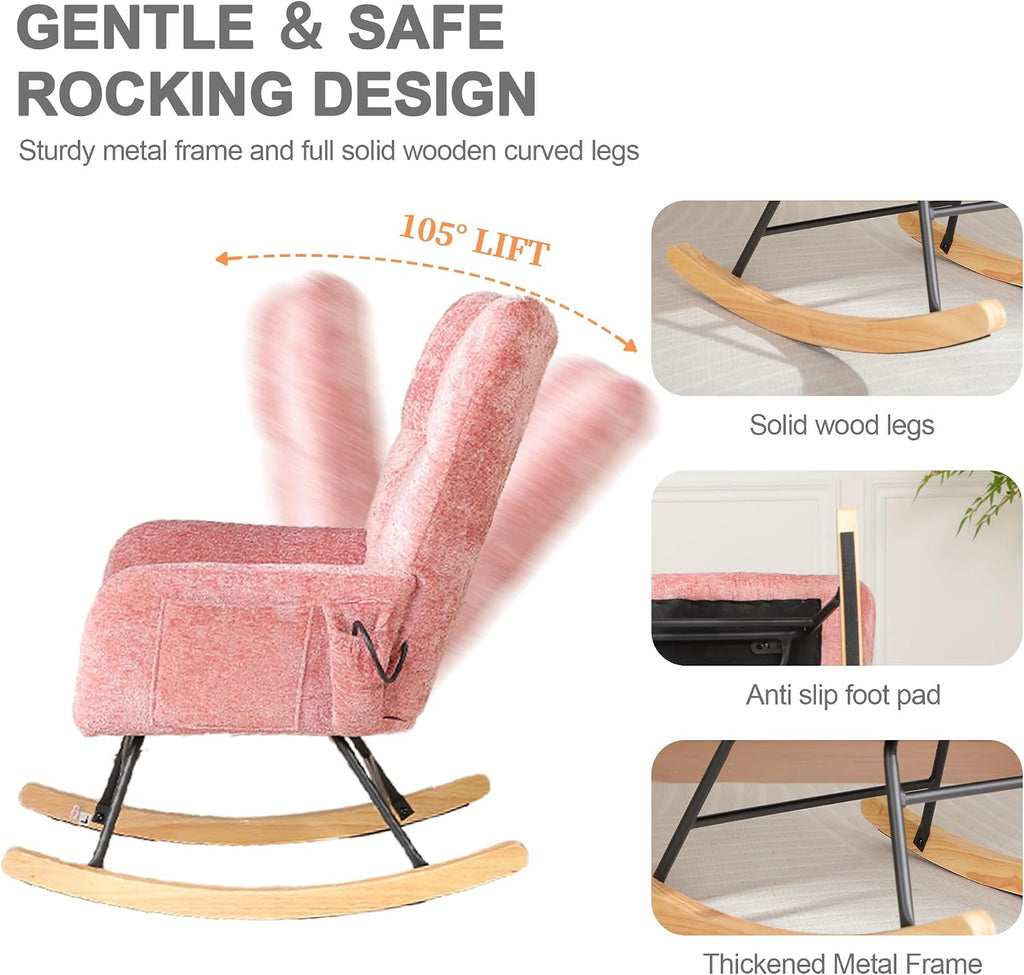 Rocking Chair Nursery, Nursery Rocking Reading Chair Indoor, Cozy Upholstered Glider Rocker Chairs for Living Room Bedroom, Sillas Mecedoras (Chenille, Pink)