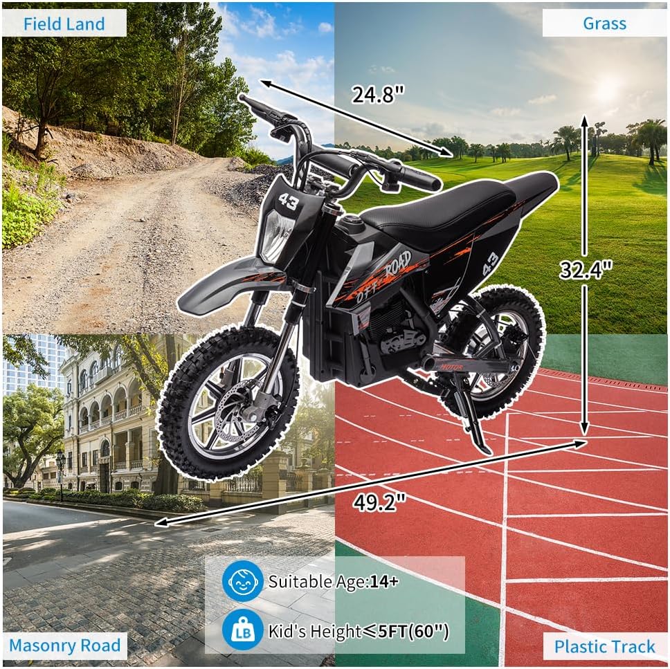 36V Electric Dirt Bike for Kids, Ride on Motorcycle 350W Brushless Motor Fast Speed 15.5MPH with LED Headlight, Leather Seat,Front+Back Brake for Teens Max Load 175lbs,Black