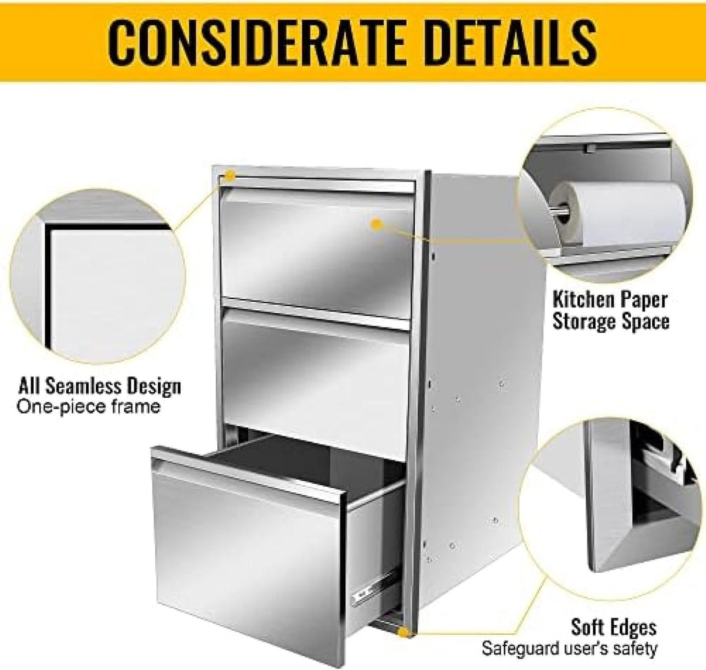 Outdoor Kitchen Drawer Stainless Steel BBQ Triple Drawer Flush Mount for Outdoor Kitchen Island,-17W X 30H X 21D Inch