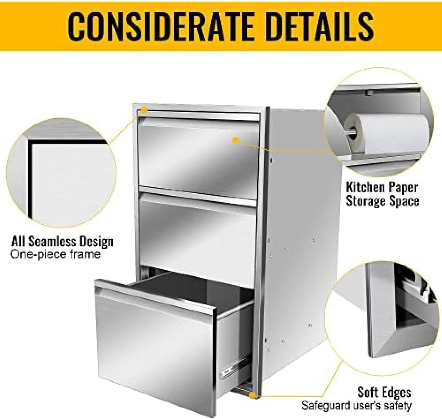 Outdoor Kitchen Drawer Stainless Steel BBQ Triple Drawer Flush Mount for Outdoor Kitchen Island,-17W X 30H X 21D Inch