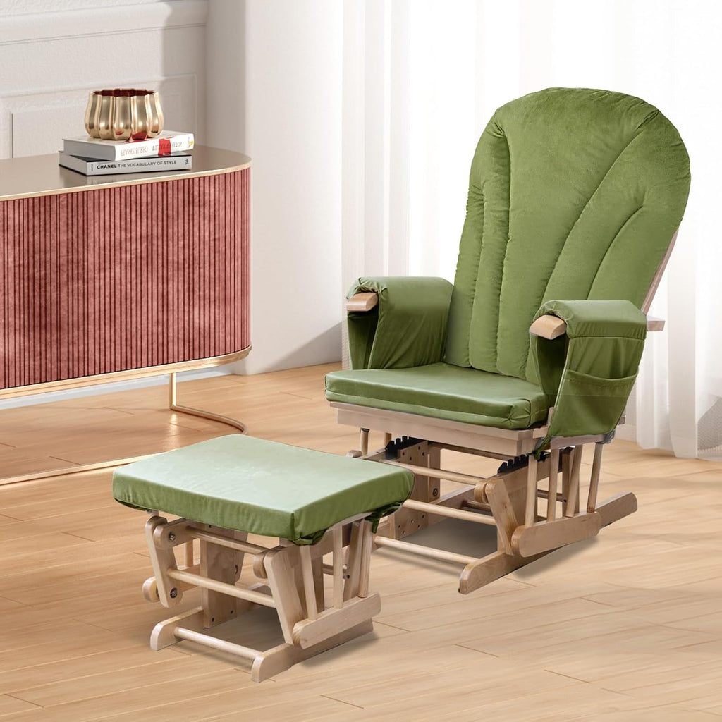 ANMINY 5pcs Glider Rocker Replacement Cushions Set Pack of 2 - Thickened Velvet Glider Rocking Chair Cushions with 29 inch High Backrest & Side Pockets for Indoor Nursery, Washable & Non Slip, Green