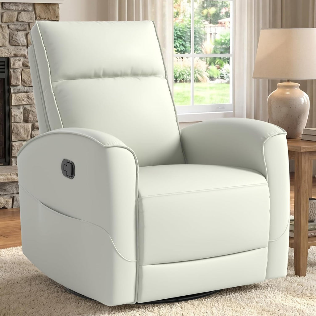 ANJ Manual Swivel Rocker Recliner, Glider Recliners with Padded Armrest and Backrest, Soft Faux Leather Nursery Rocking Recliner Chair Reclining Sofa for Living Room,Cream