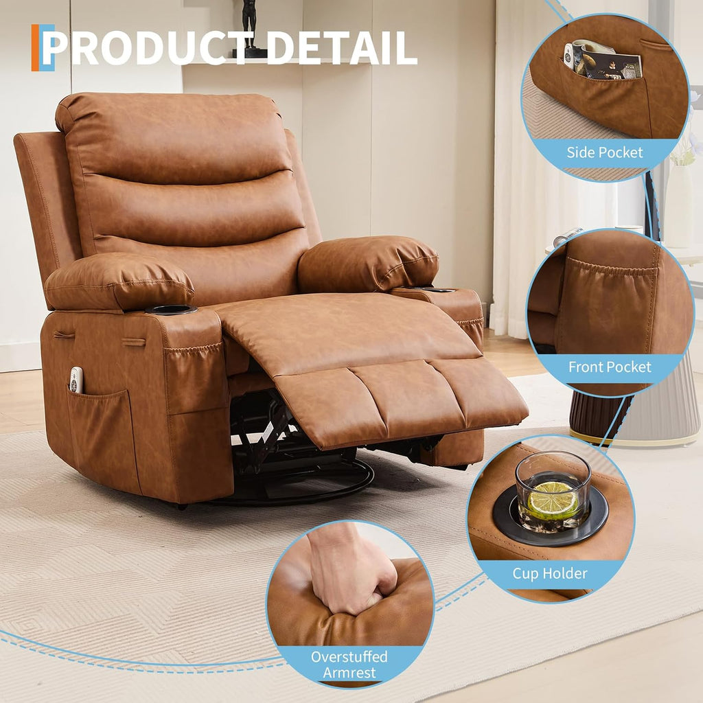 Leather Recliner Chair Nursery, Oversized Manual Reclining Rocking Chair, 360 Swivel Glider with Cup Holder, Massage and Heat Recliner, Indoor Small Single Sofa Chairs for Adults, RV, Bedroom, Brown