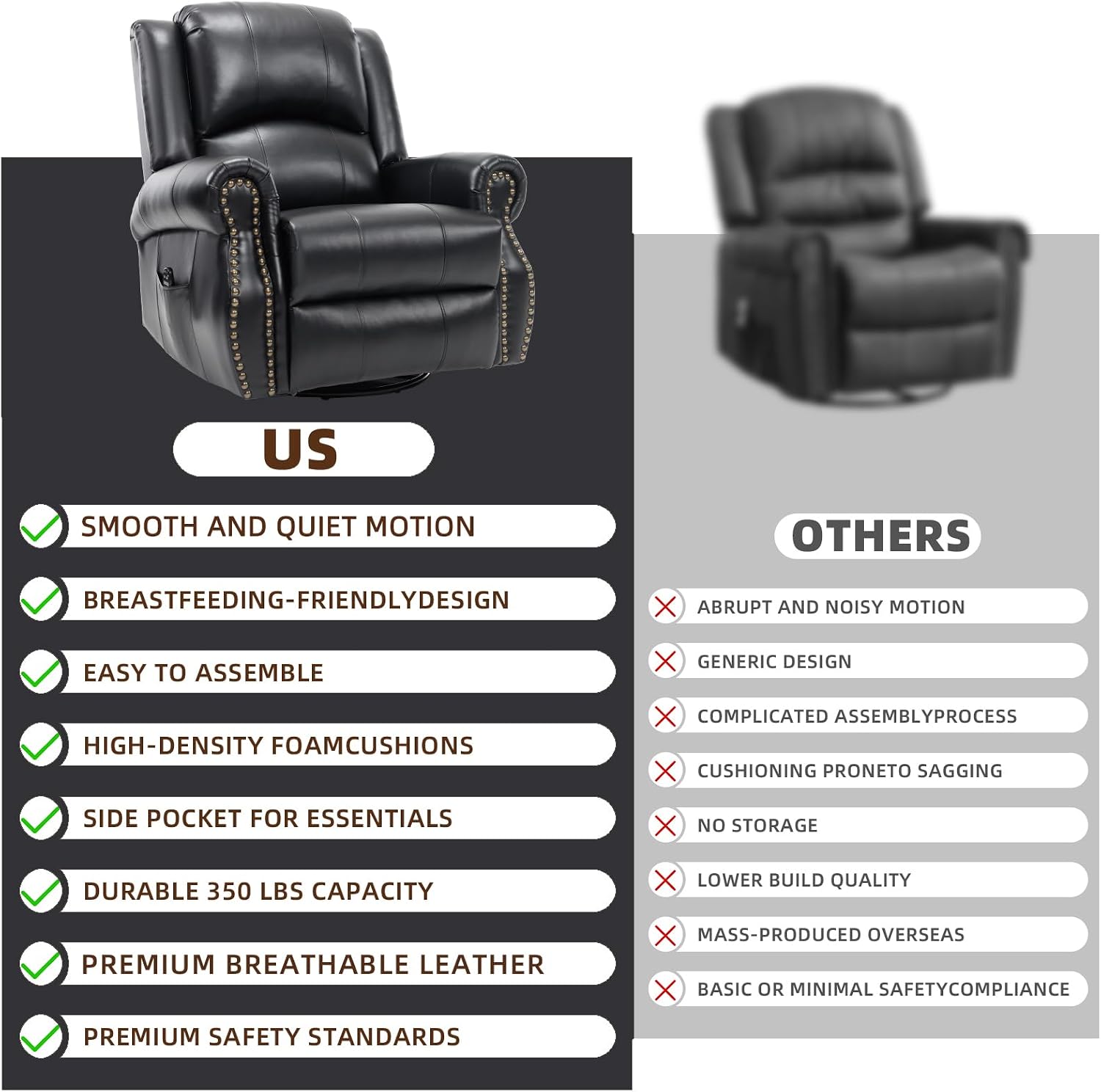 PELUMY Breathable Leather Swivel Rocking Recliner Chair for Adults, 360° Swivel Glider Rocker with Heat & Vibrating Massage, Lounge Chair for Living Room, Bedroom, Nursery (Black)