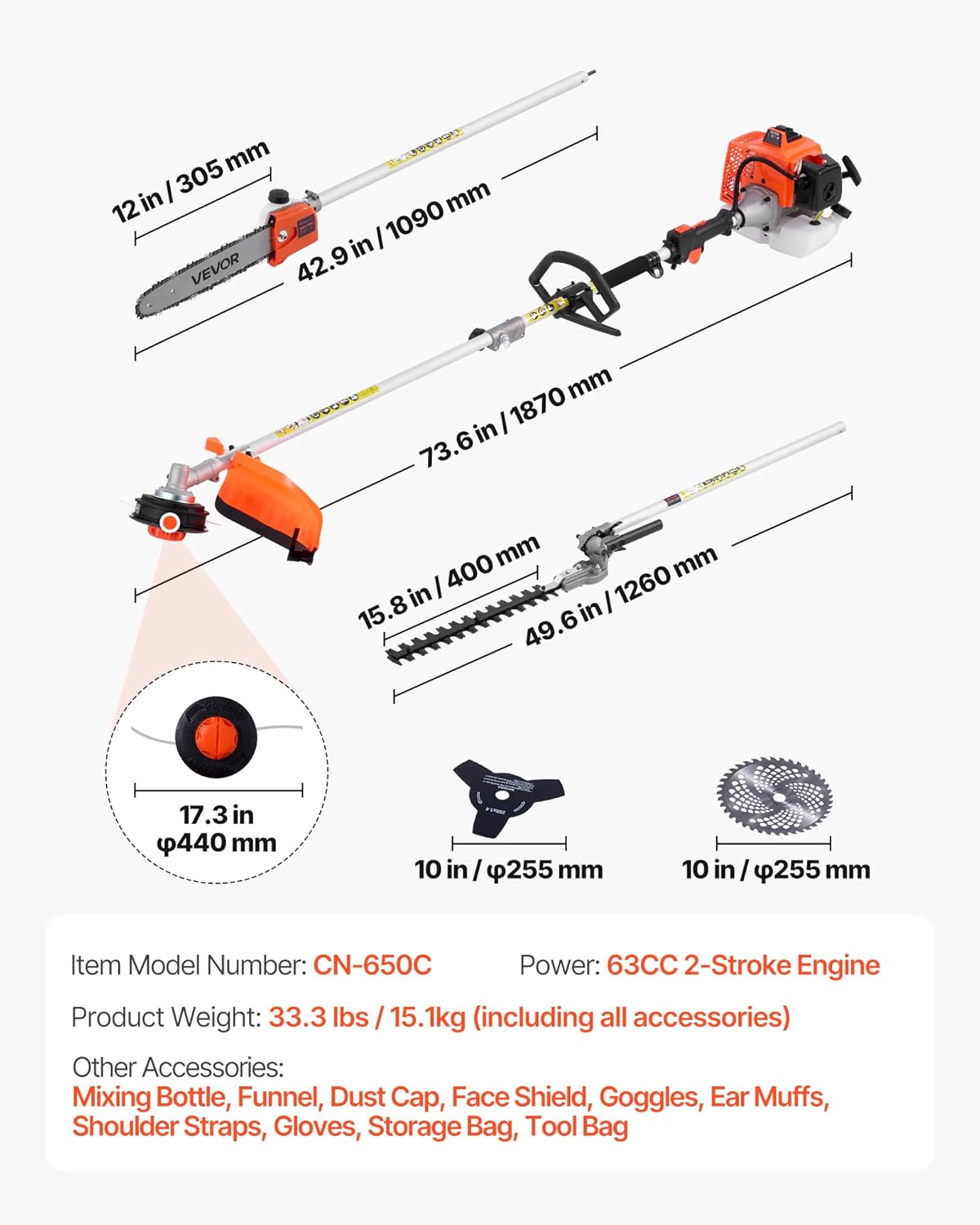 VEVOR Gas Hedge Trimmer, 2 Cycle Gas Power Handheld Hedge Trimmer, 5-in-1 63cc Cordless Weed Eater with Protective Gear Set, Includes Hedge and String Trimmer, Brush Cutter(3T & 40T Blades), Pole Saw