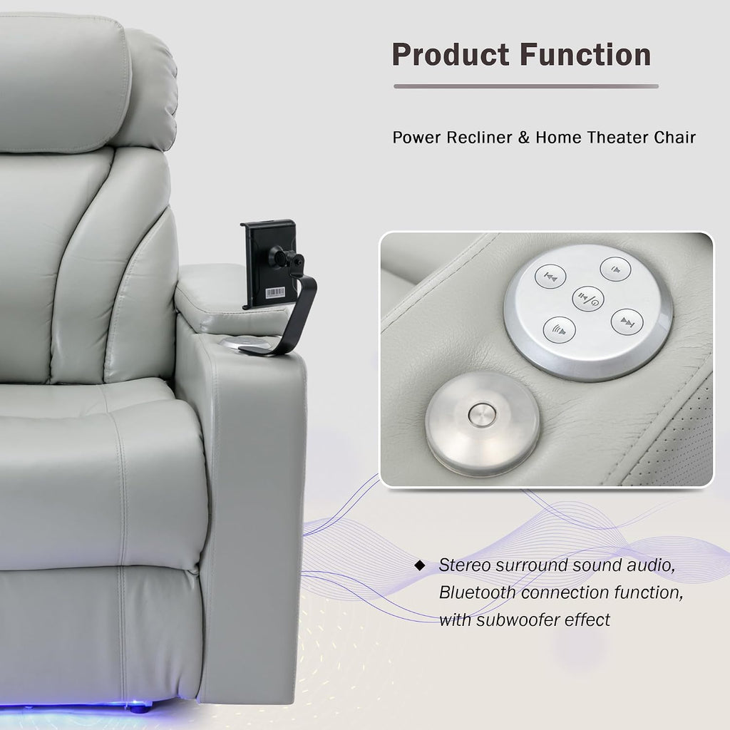 JIVOIT Power Motion Recliner Electric Power Recliner with Hidden Arm Storage, Cup Holder, Phone Holder, Tray Table, Faux Leather Rocker Chair for Small Spaces (Light Grey/78)
