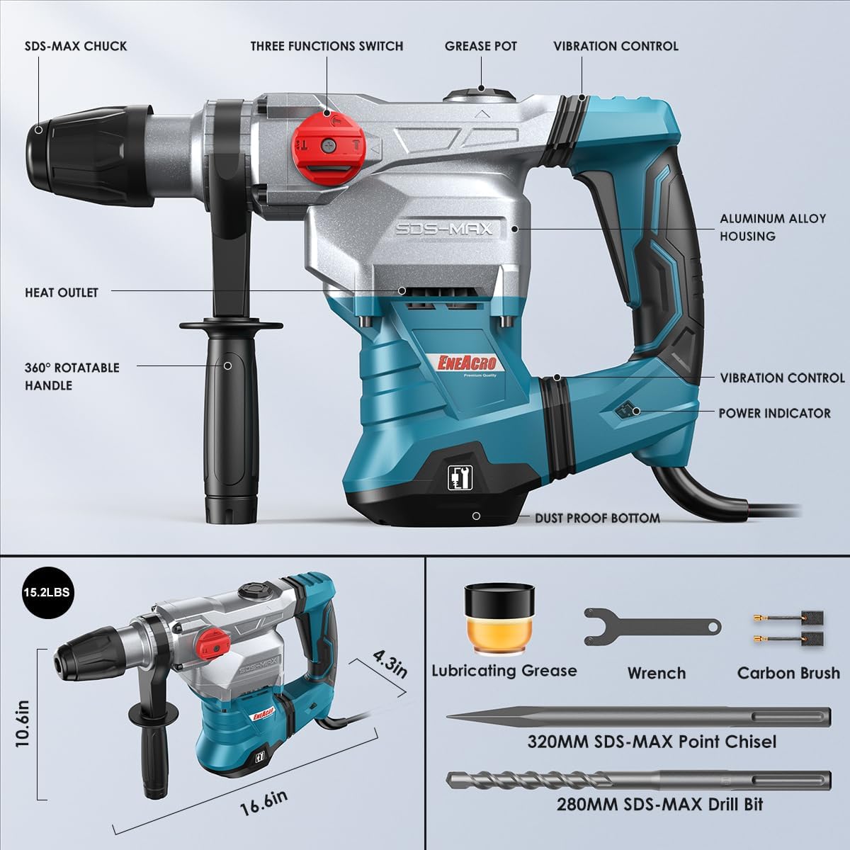 ENEACRO SDS-Max Heavy-Duty Rotary Hammer Drill 9 Ft.lbs, 3 Functions with Safety Clutch & Vibration Control 1-9/16' Drilling Capacity in Concrete– Includes Chisel, Drill Bit, and Tool Bag