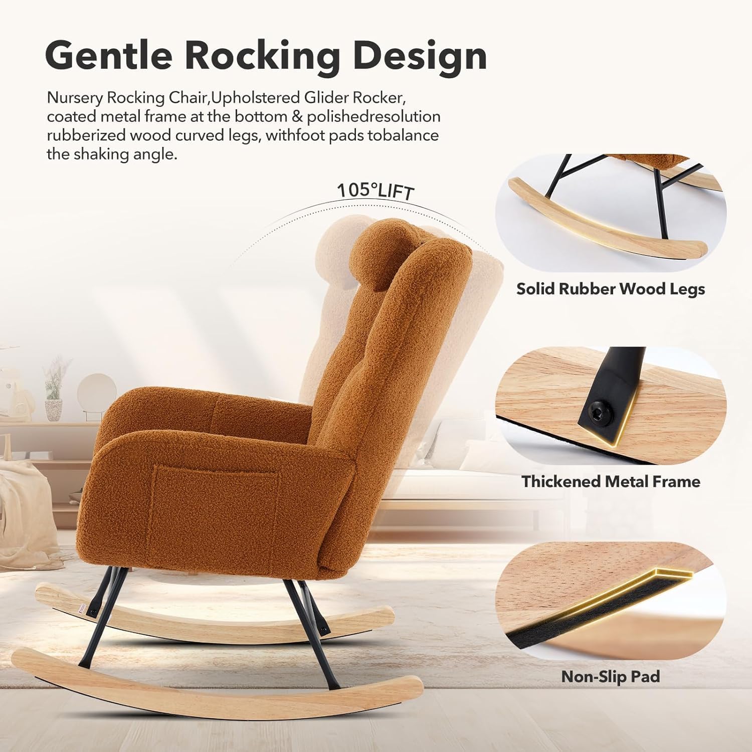 Rocking Chair Nursery Teddy with Pillow&High Backrest Armchair,Fabric Upholstered Accent Chair Nursing Chairs for Living Room, Bedroom,Brown