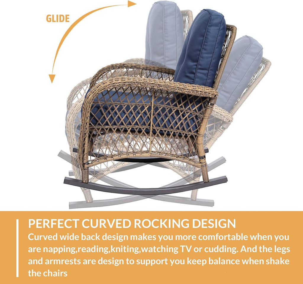 Outdoor Wicker Rocking Chair with Thickened Cushions, All-Weather Rattan Patio Rocking Chairs, Rocker Wicker Chair for Porch Garden & Backyard, Navy Blue