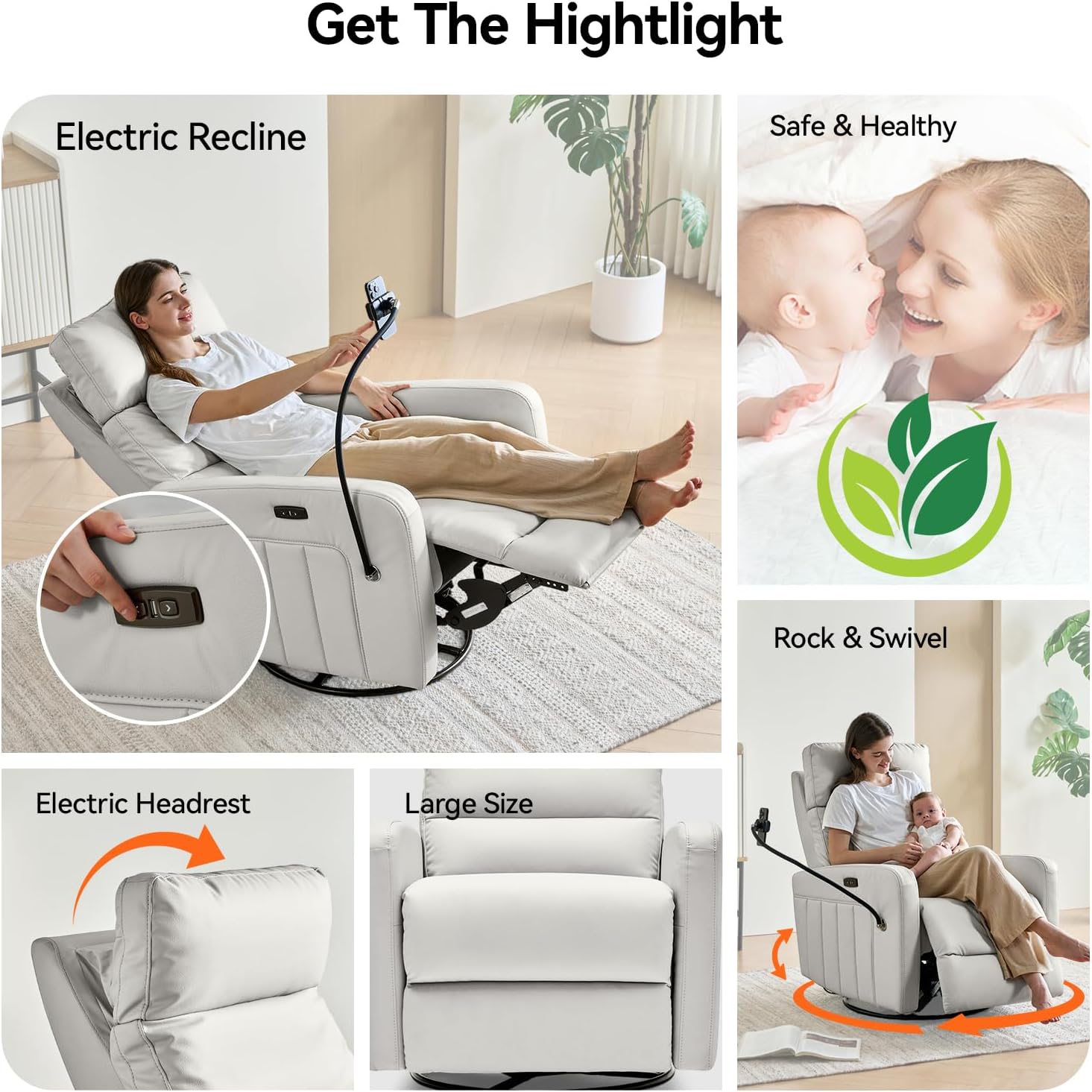 AIRSKY Power Recliner Chair with Power Headrest, Oversized Rocking Chair Nursery,Recliner Chair Swivel, Nursery Rocking Chairs, Lazy Boy Recliner Chair, Gray White,P2