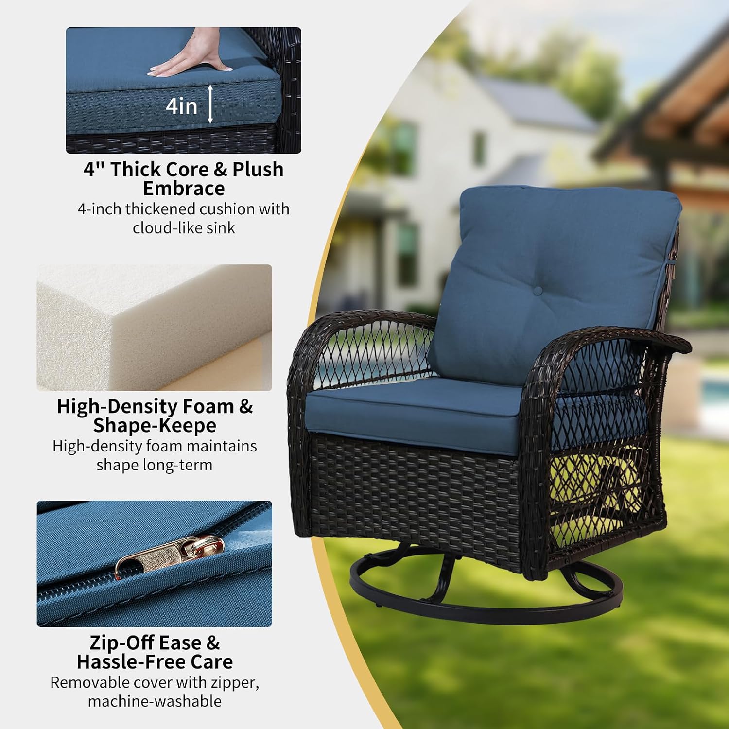 YLGJ&TIDY 3 Pieces Outdoor Swivel Rocker Patio Chair Set Wicker Patio Swivel Chairs with Side Table Cushions High Back Front Porch Rocking Chairs for Patio Balcony Backyard Deck, Blue