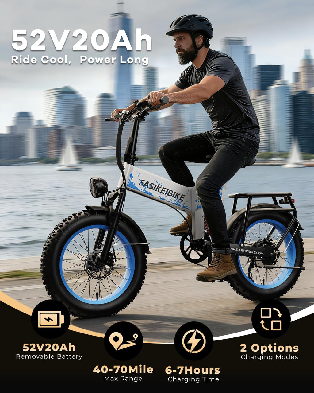 SASIKEIBIKE 1500W Folding Electric Bike for Adult,52V20Ah Removable Battery Ebike with 70Mile Max,20' x4.0 Fat Tire E-Bike, Foldable Dual Suspension Electric Bicycle for Commute,Mountain