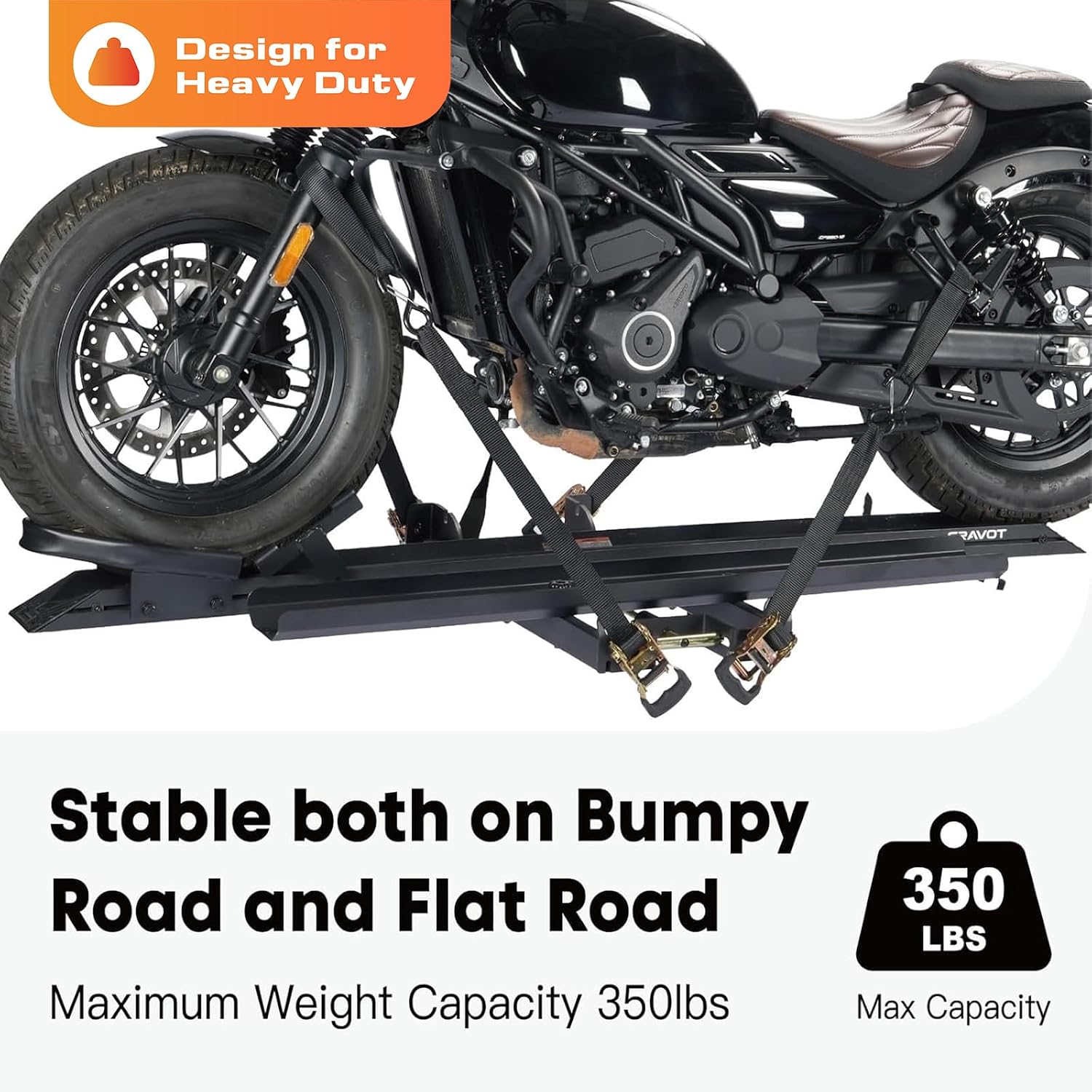 CRAVOT Motorack M1 Motorcycle Hitch Carrier with Ramp, 350 lbs Capacity Dirt Bike Carrier, Foldable Hauler Hitch Mount Rack Anti-Rattle Up to 4-inch Fat Tire 2' Receiver