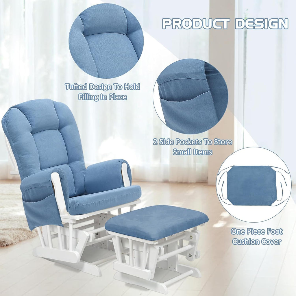 BECHAEO 5PCS Suede Glider Rocker Replacement Cushions with Ottoman Cover Thicken Soft Rocking Chair Cushion Set for Indoor Nursery Glider Rocking Chair, Blue