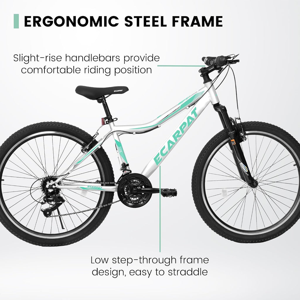 Ecarpat 24 26 Inch Women Girls Mountain Bike, Disc/V Brakes 21 Speeds Women Bike, Sturdy Steel Frame and Suspension Fork, Stylish Adult and Teens Bicycle for Urban Trail Snow Commuter