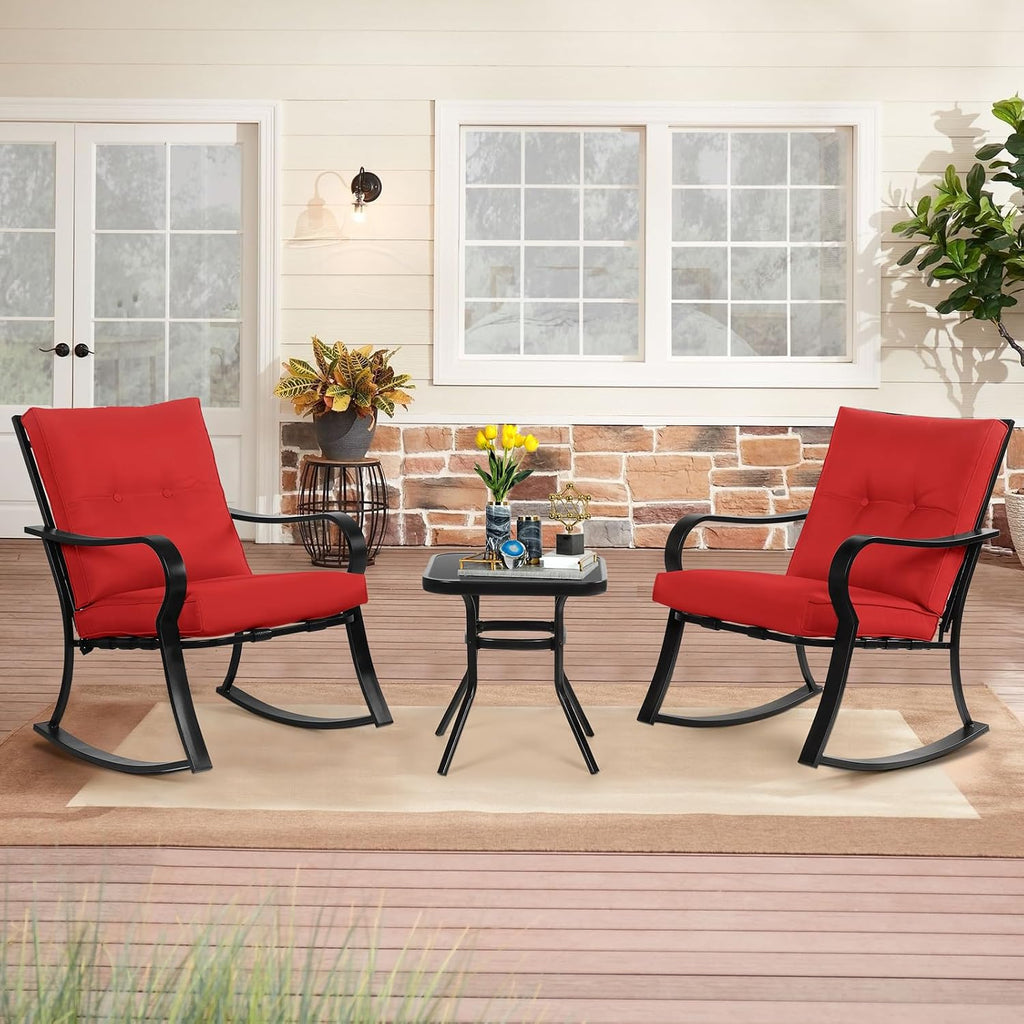 SOLAURA 3-Piece Outdoor Rocking Chairs Bistro Set, Black Iron Patio Furniture with Red Thickened Cushion & Glass-Top Coffee Table