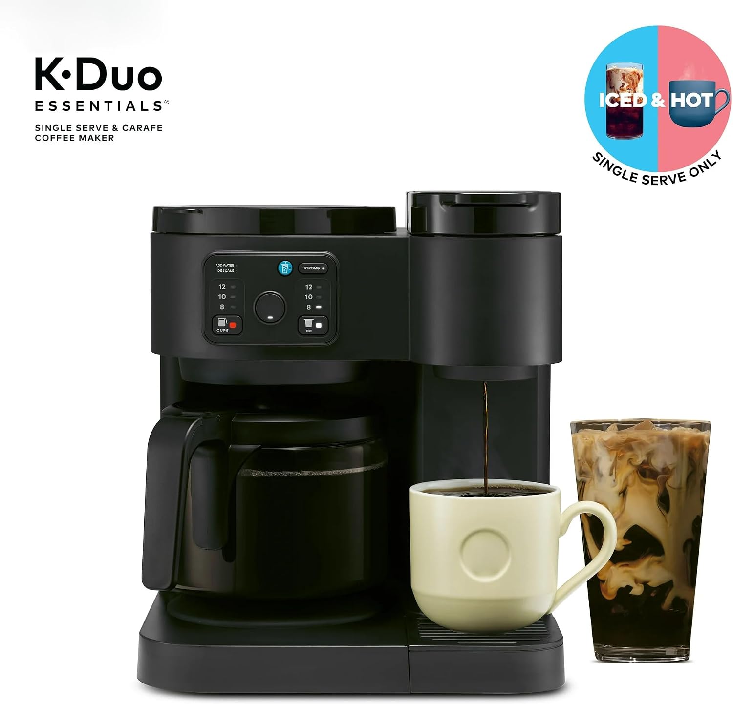 Hot & Iced Single-Serve Kcup Pod Coffee Maker with 12-Cup Carafe, 72oz Water Reservoir, Brew Over Ice, Strong Brew, Multiple Sizes, Programmable, Compact Coffee Machine for Home & Office (Black)