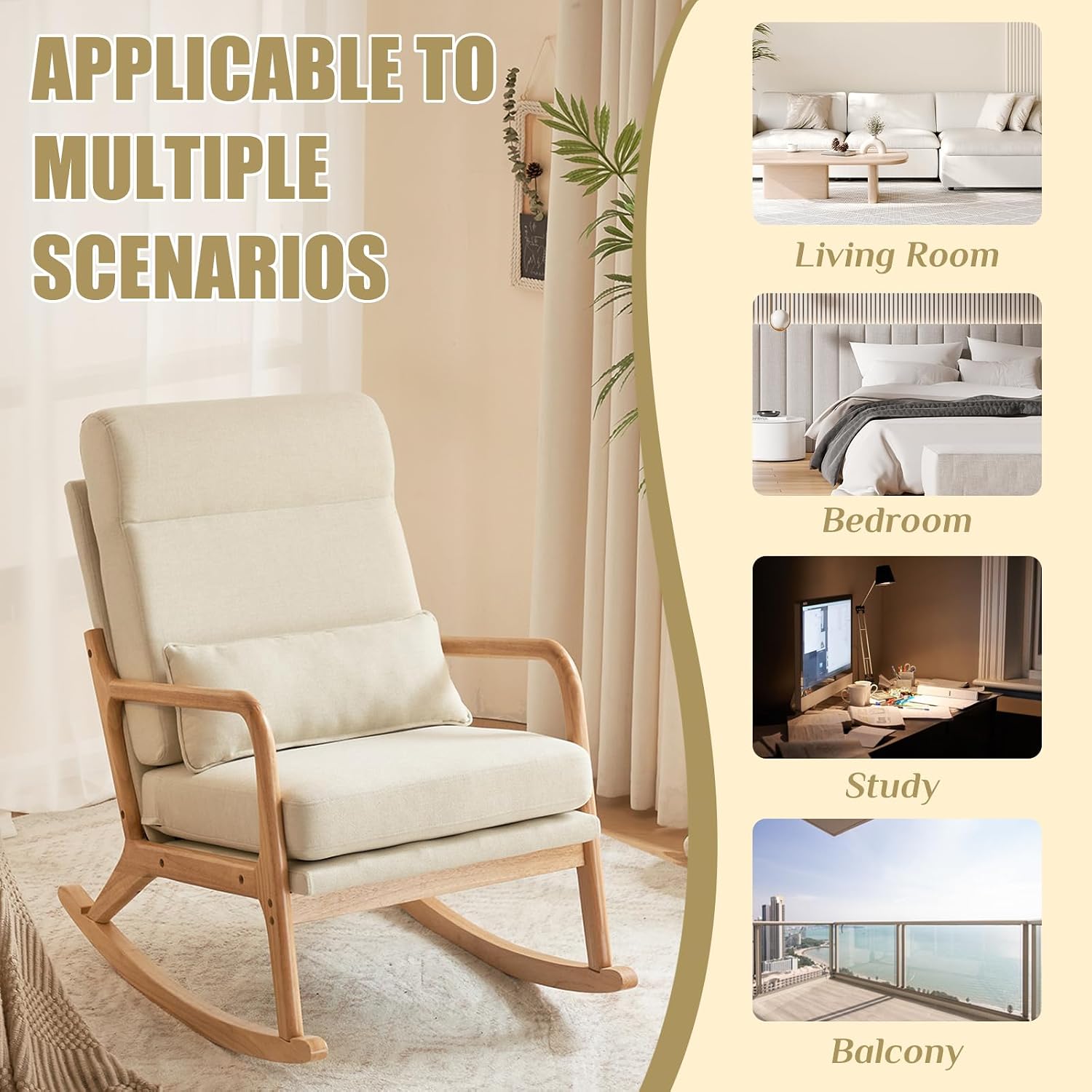 Karl home Nursery Rocking Chair Removable Glider Rocker High Backrest Rocking Armchair Mid-Century Accent Chair with Lumber Pillow for Bedroom, Living Room, Nursery, Beige
