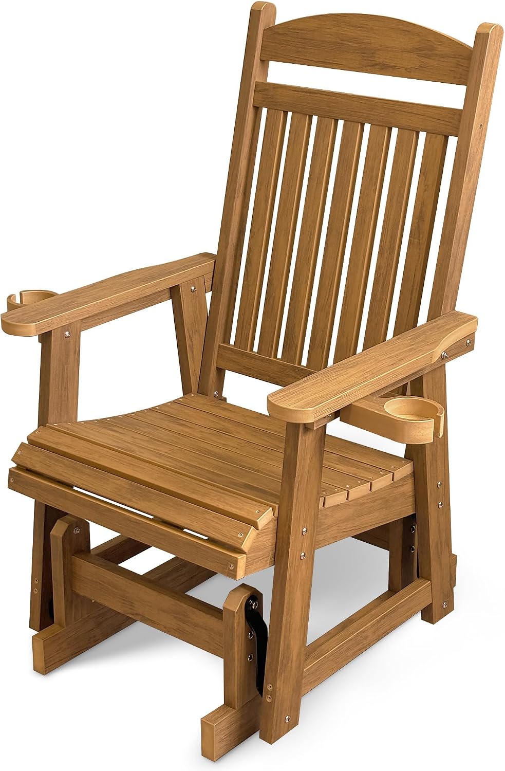 Poly Lumber Patio Glider for One Person, with Cup Holders, High Backrest and Deep Contoured Seat, HIPS Material, All-Weather Resistant, Heavy Duty 700 LBS (Light Brown)