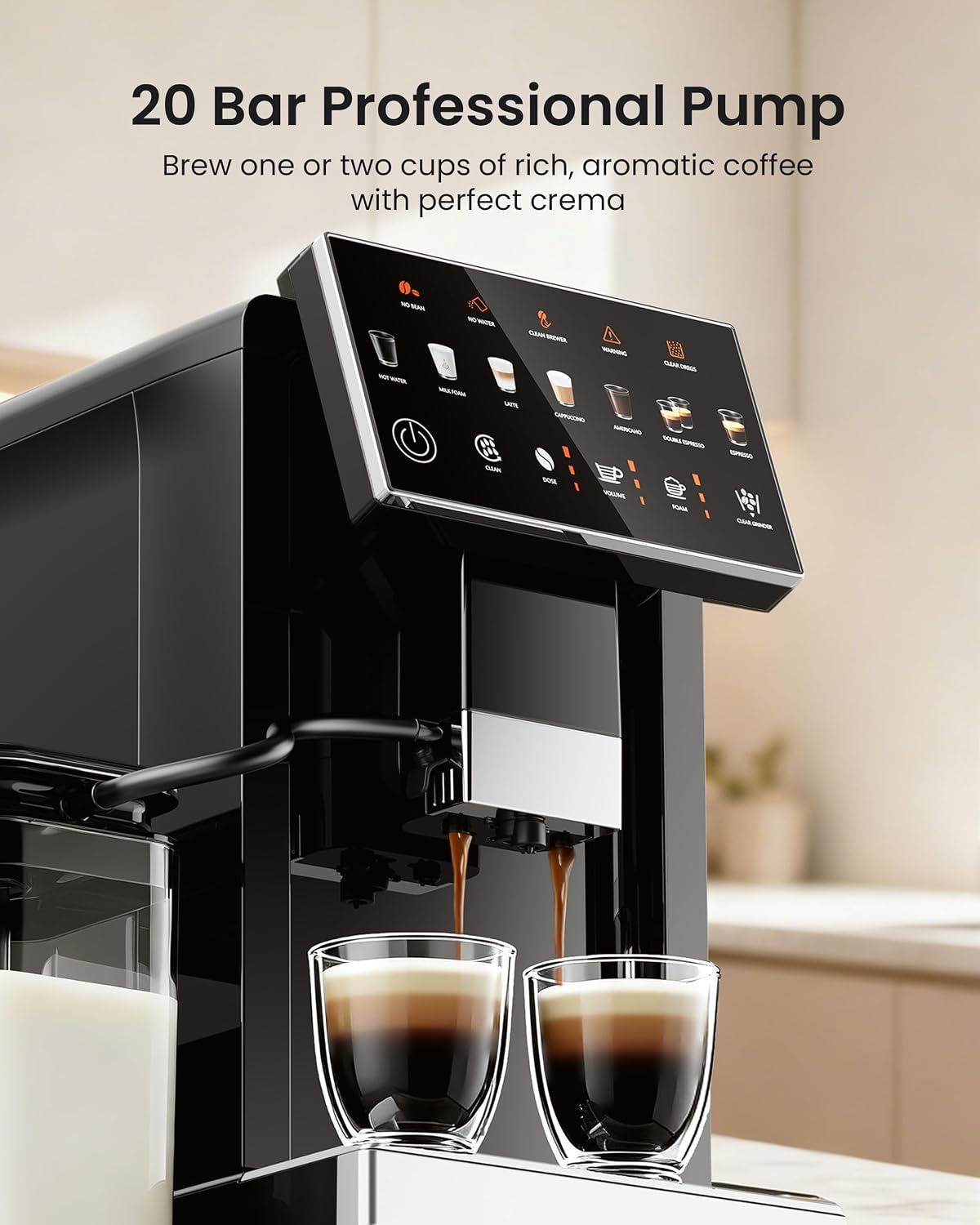 Fully Automatic Coffee Machine, 20 Bar Coffee Maker with Grinder, Automatic Espresso Machine with 15 Grinding Levels, Touch Control for Cappuccino & Latte, Auto Self-Cleaning