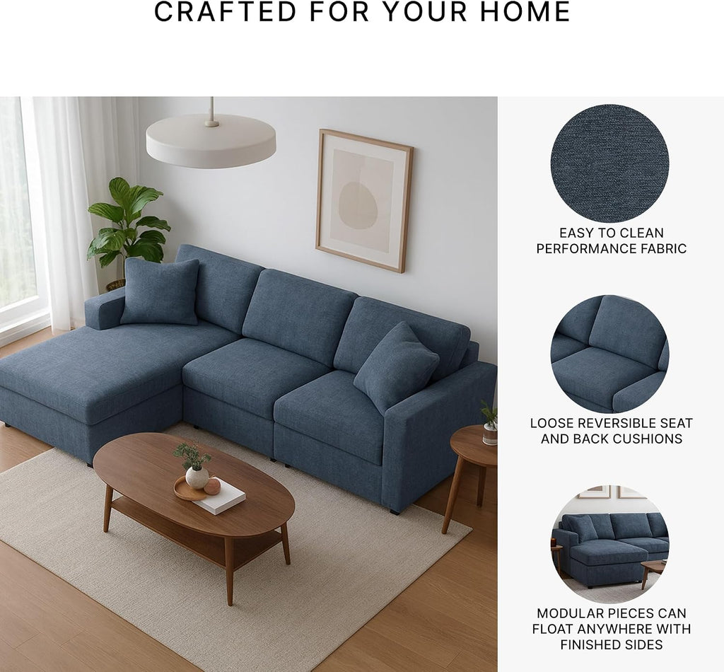 Signature Design by Ashley Modmax Contemporary L-Shaped Left-Arm Facing Modular Stain Resistant 3-Piece Sectional with Chaise, Reversible Cushions and 2 Accent Pillows, Blue
