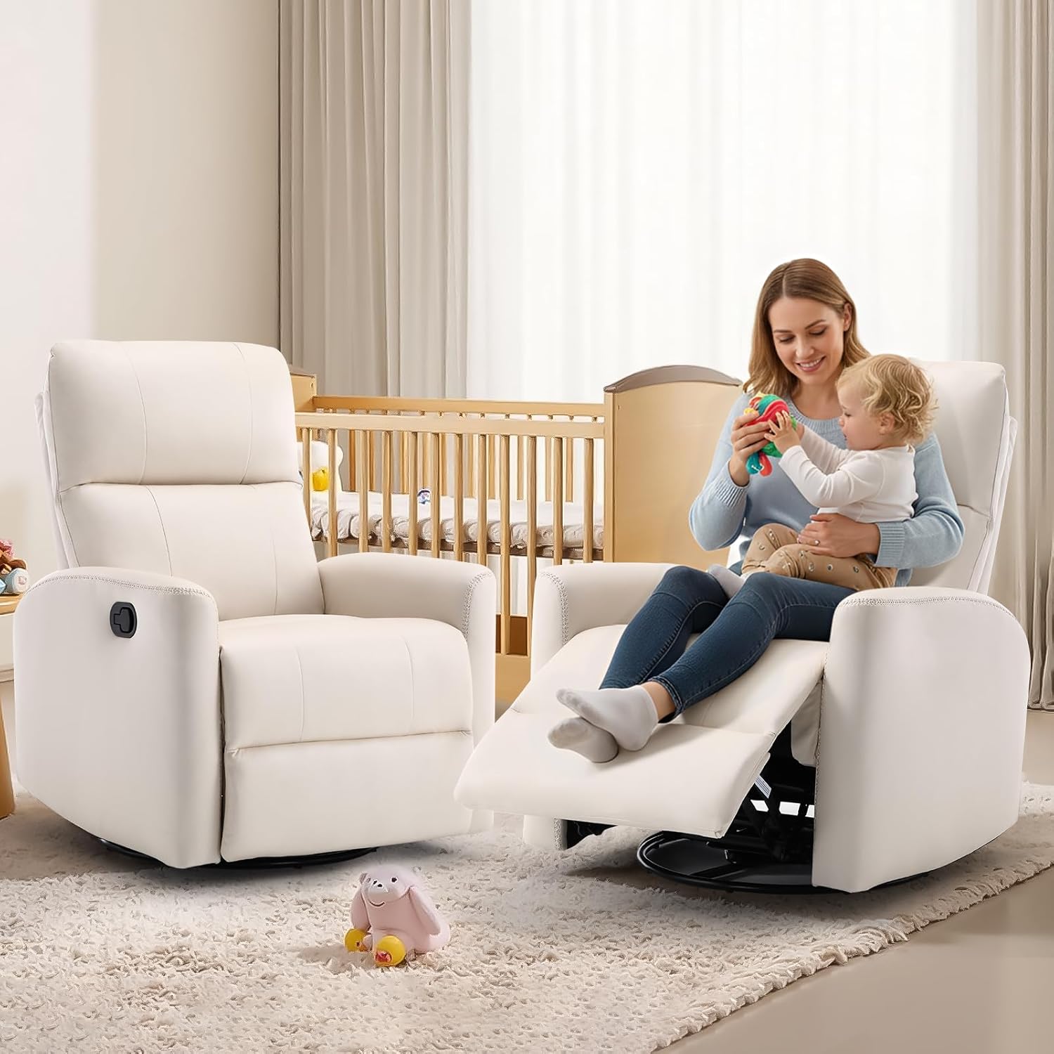 HAOMARKETS Swivel Rocker Recliner Chair, Manual Faux Leather Glider Rocking Recliners for Adults, 360° Swivel Nursery Reclining Sofa with Padded Backrest for Living Room, White