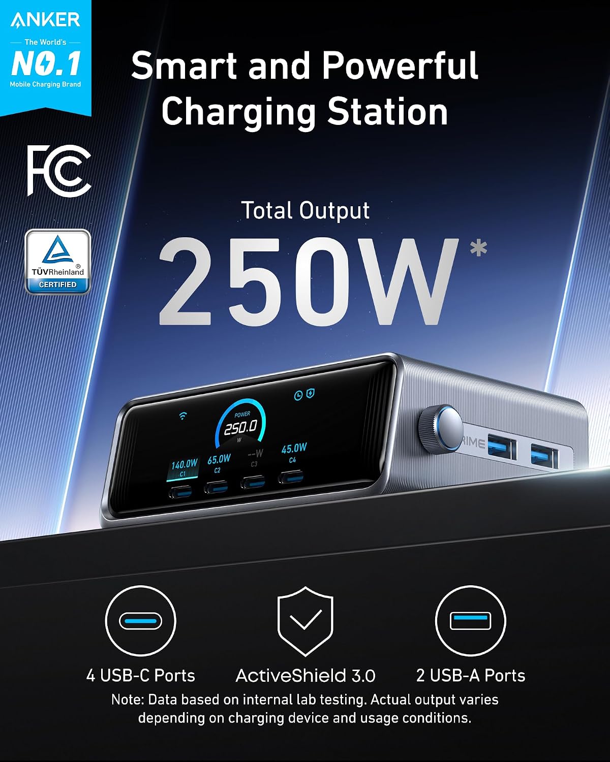 Anker Prime Charging Station, 250W 6-Port GaN USB C Charger, 2.26' LCD Smart Display Control, Compatible with iPhone, Galaxy, MacBook, Dell for Home Office, Gaming Desk Accessories