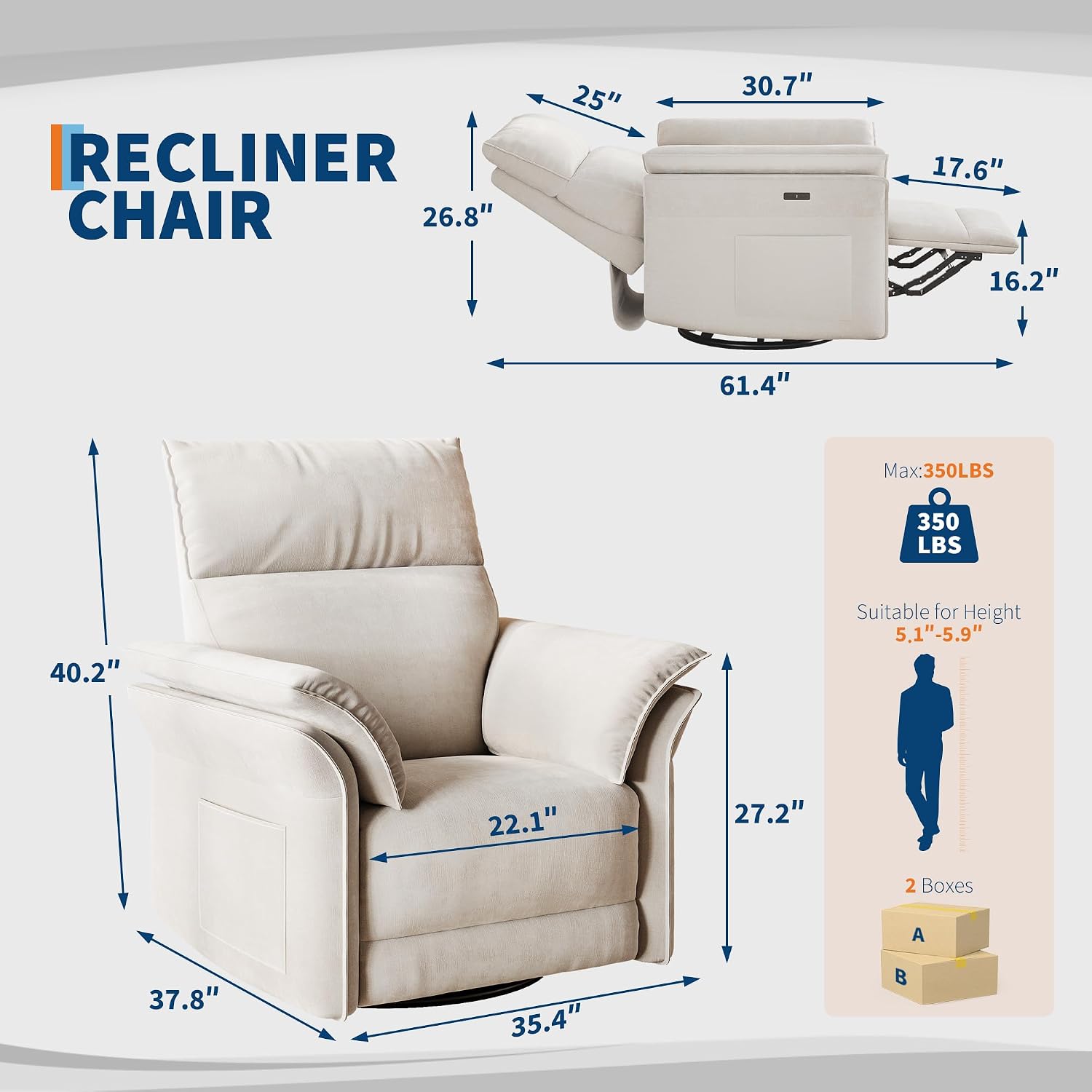 GAOMON Swivel Rocking Recliner Chair, Manual Leather Recliner Glider with Lumbar Support & Padded Armrest, Comfortable Rocker Nursery Single Sofa for Living Room and Bedroom (Cream)