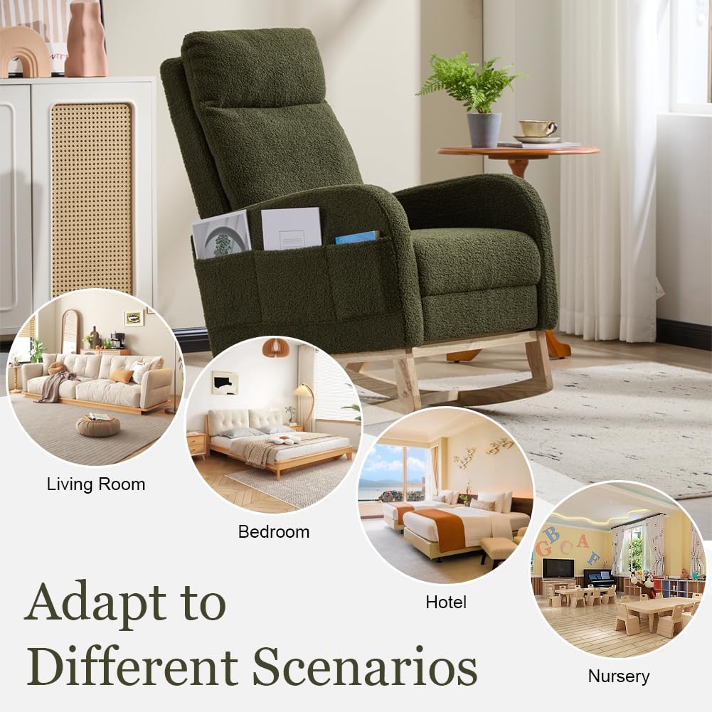 Rocking Chair Nursery with Foot Rest, Sherpa Nursing Rocking for Mom Nursery Rocker Chair with High Backrest, Armchair Rocker Glider with Side Pocket for Living Room, Bedroom, Teddy Green