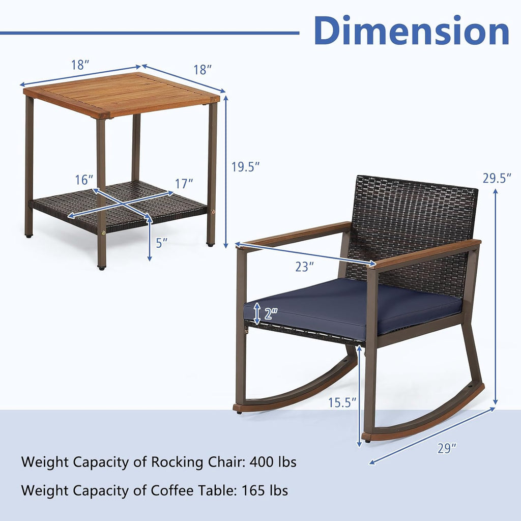 Tangkula 3 Pieces Rocking Bistro Set, Outdoor Rocker Chair with Coffee Table & Cushions, Patio Rattan Furniture Conversation Set for Balcony Porch Poolside (Navy)