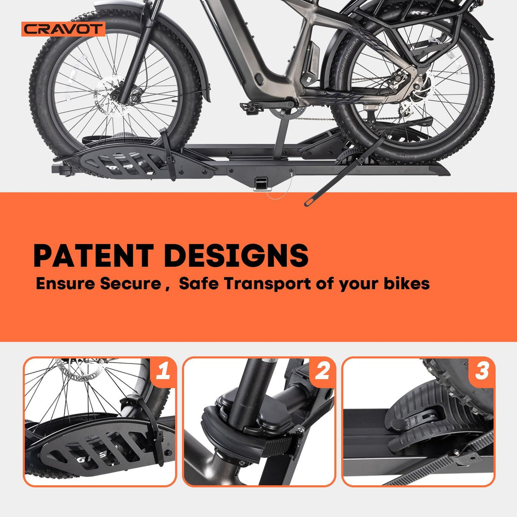 CRAVOT CyberRack E2 Hitch 2 EBike Rack with Ramp, 200 lbs Capacity Electric Bike Carrier Foldable Platform Mount, Up to 5-inch Fat Tire Bicycle for 2'' Receiver Cars Trucks SUVs Minivans RV, Trailer