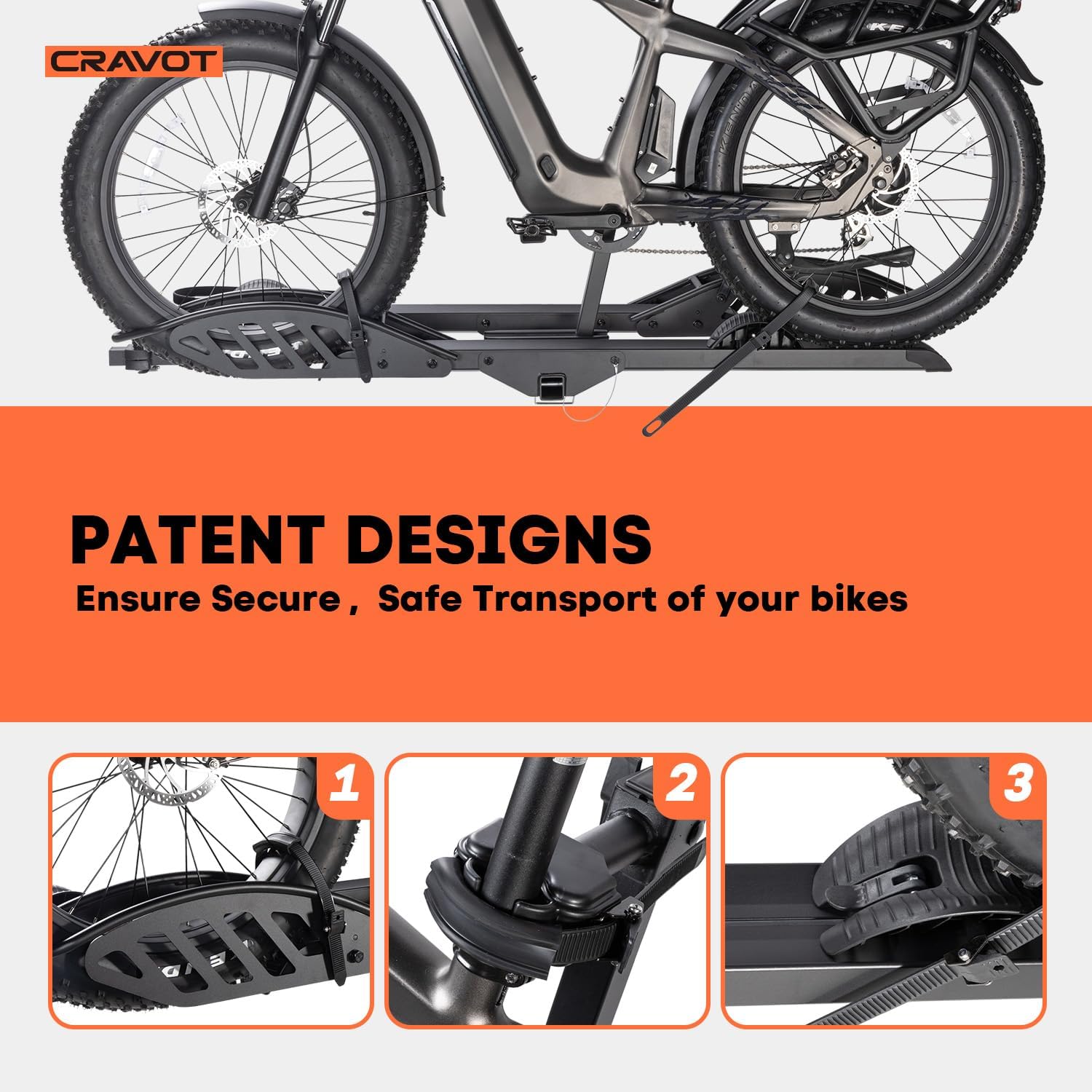 CRAVOT CyberRack E2 Hitch 2 EBike Rack with Ramp, 200 lbs Capacity Electric Bike Carrier Foldable Platform Mount, Up to 5-inch Fat Tire Bicycle for 2'' Receiver Cars Trucks SUVs Minivans RV, Trailer