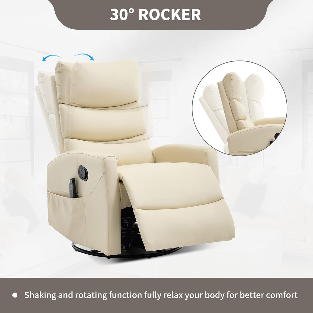 PELUMY 360° Swivel Rocker Recliner with Heat & Vibration Massage, Glider Rocking Chair for Adults, Compact Recliner for Living Room, Small Spaces, Nursery, Bedroom (Breathable Leather, Creamy Beige)