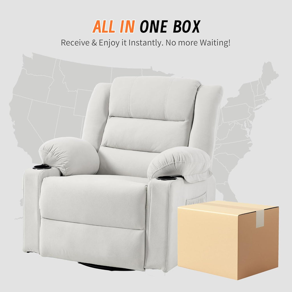360°Swivel Rocker Recliner Chair for Adults,Manual Glider Recliner Sofa with Massage and Heating, Nursery Rocking Chairs with Cup Holds for Living Room Bedroom (Beige)