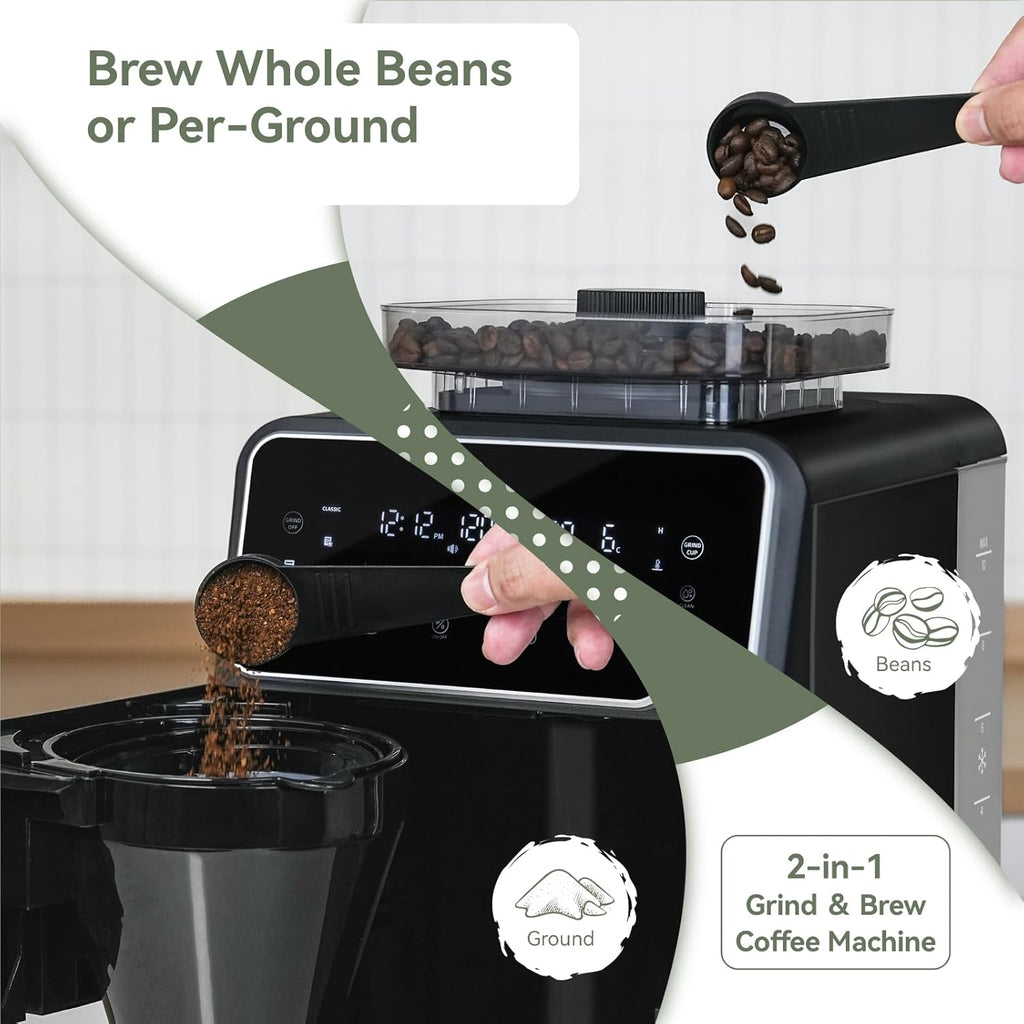 Gevi Grind & Brew Coffee Maker 10 Cup, Built-In Burr Grinder Drip Coffee Machine, Programmable Touch Screen, 4-Hour Warm Plate, Permanent Filter & Glass Carafe