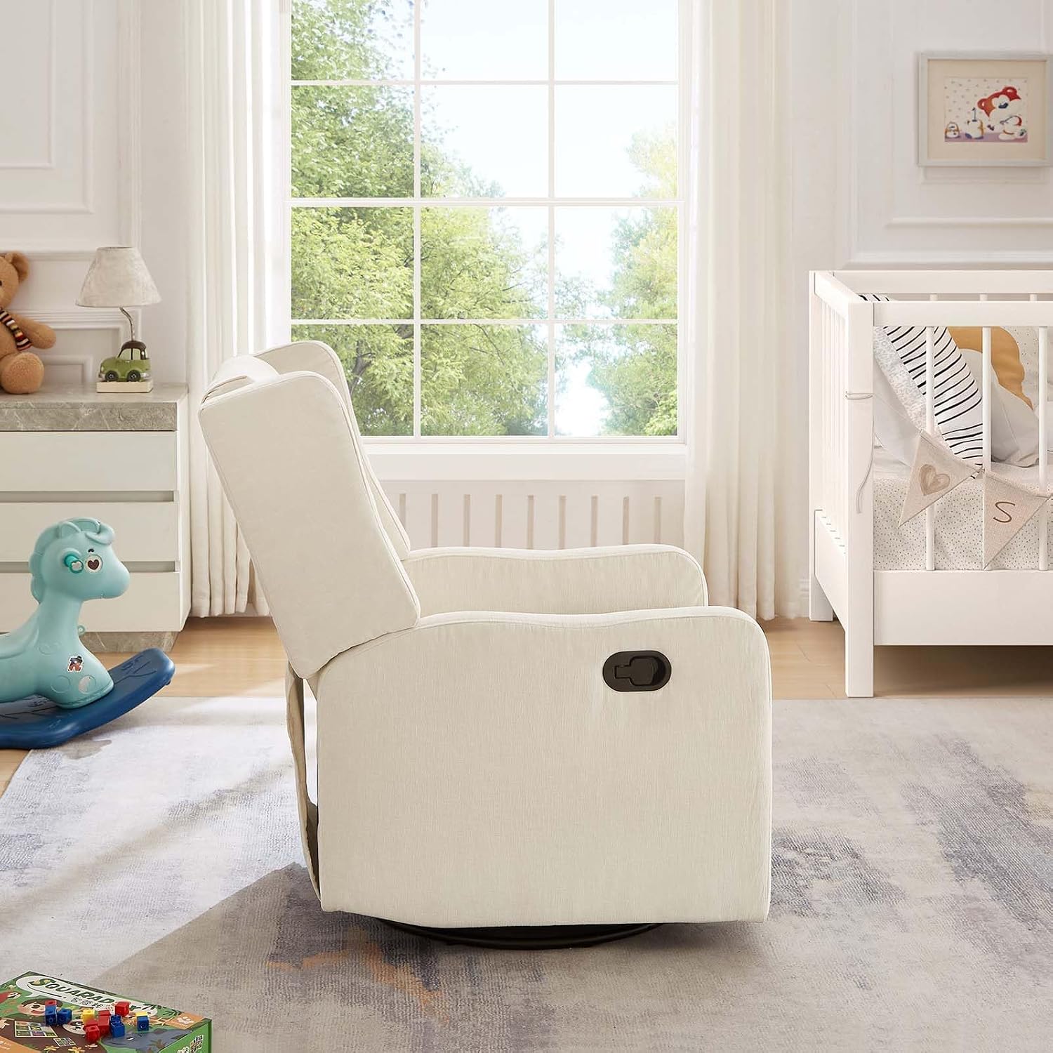 360° Swivel Nursery Glider Recliner Chair, Comfy Upholstered Rocker Recliners for Adults, Modern Ergonomic Nursing Rocking Chair with Footrest and Wingback for Living Room, Bedroom, Lounge, Beige