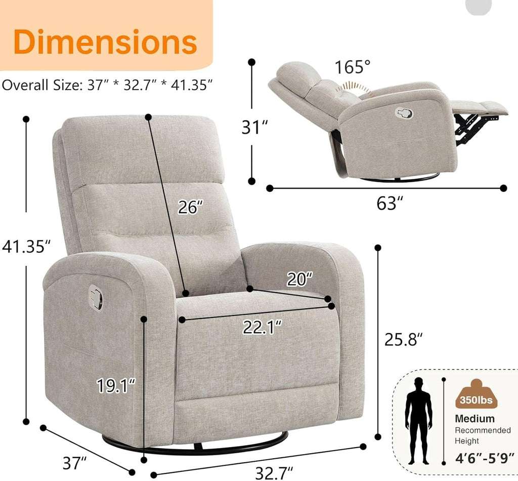 Swivel Rocker Recliner Glider Rocking Chair for Nursery, Manual Swivel Recliner Chair for Living Room, Camel Nursery Rocking Chair Recliner, Chenille Fabric