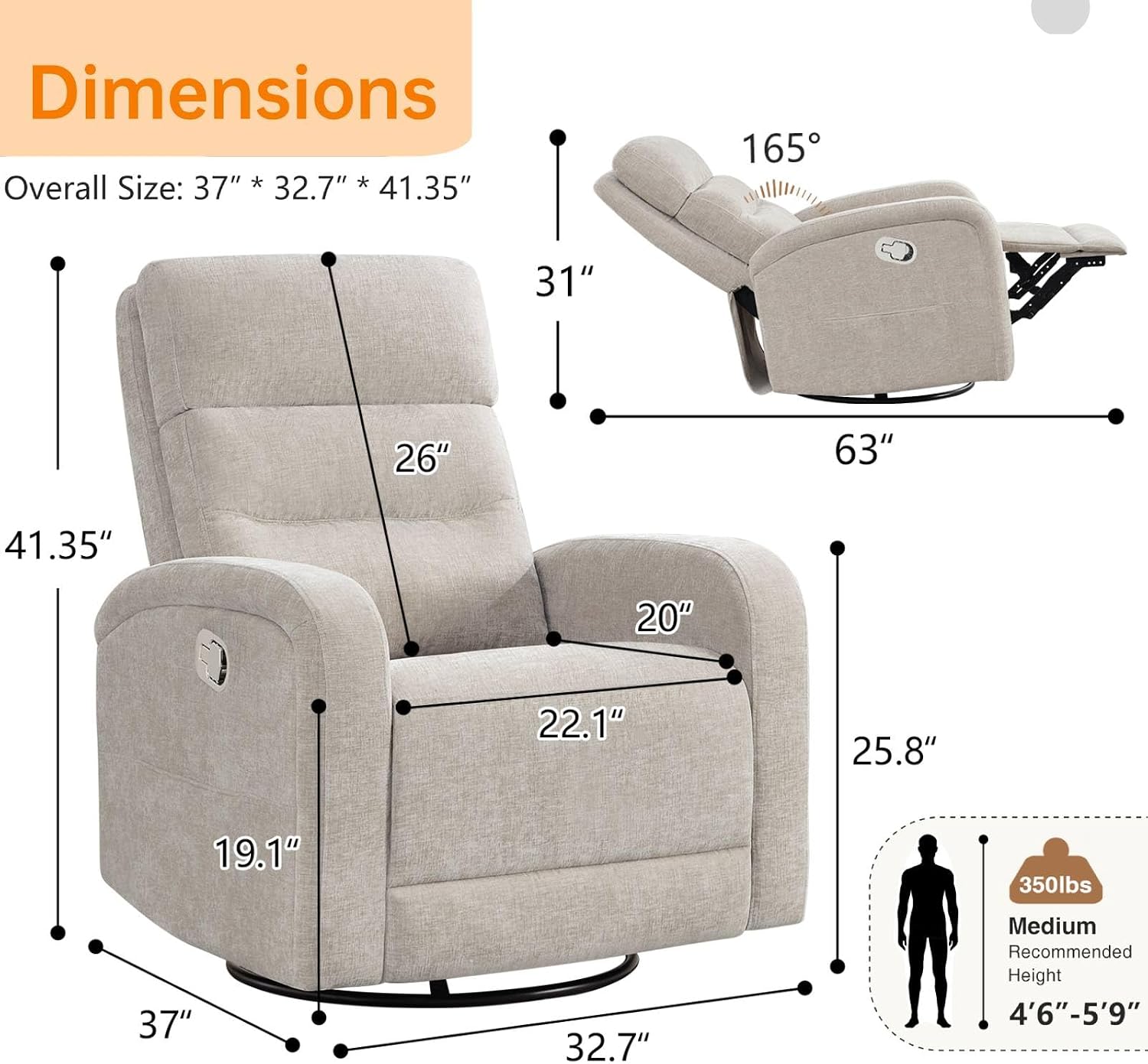Swivel Rocker Recliner Glider Rocking Chair for Nursery, Manual Swivel Recliner Chair for Living Room, Camel Nursery Rocking Chair Recliner, Chenille Fabric