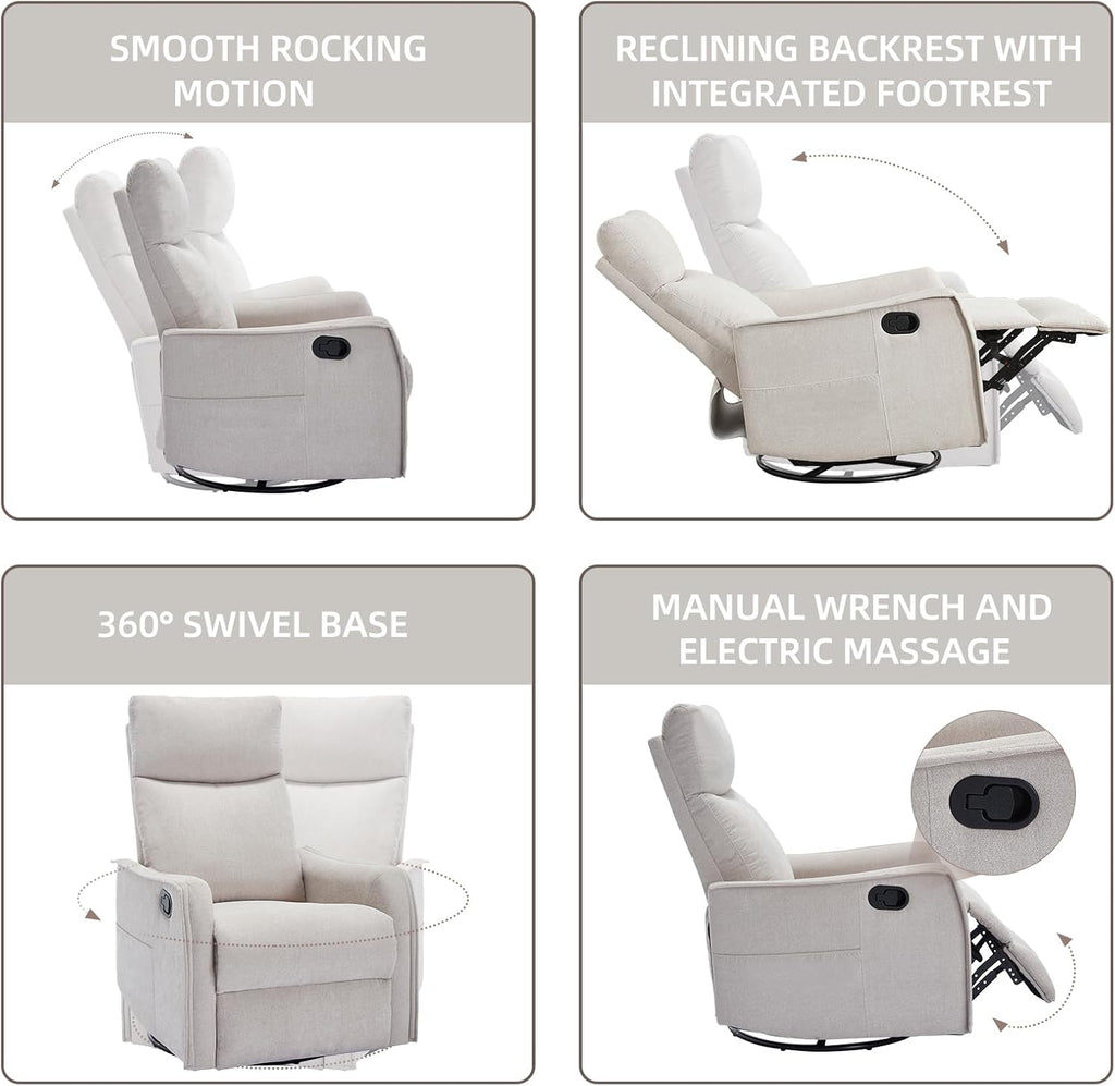 PELUMY 360 Swivel Rocking Recliner Chair for Adults, Nursery Rocking Chair with Heat and Massage, Glider Reclining Chair for Small Space, Living Room, Bedroom (Beige)