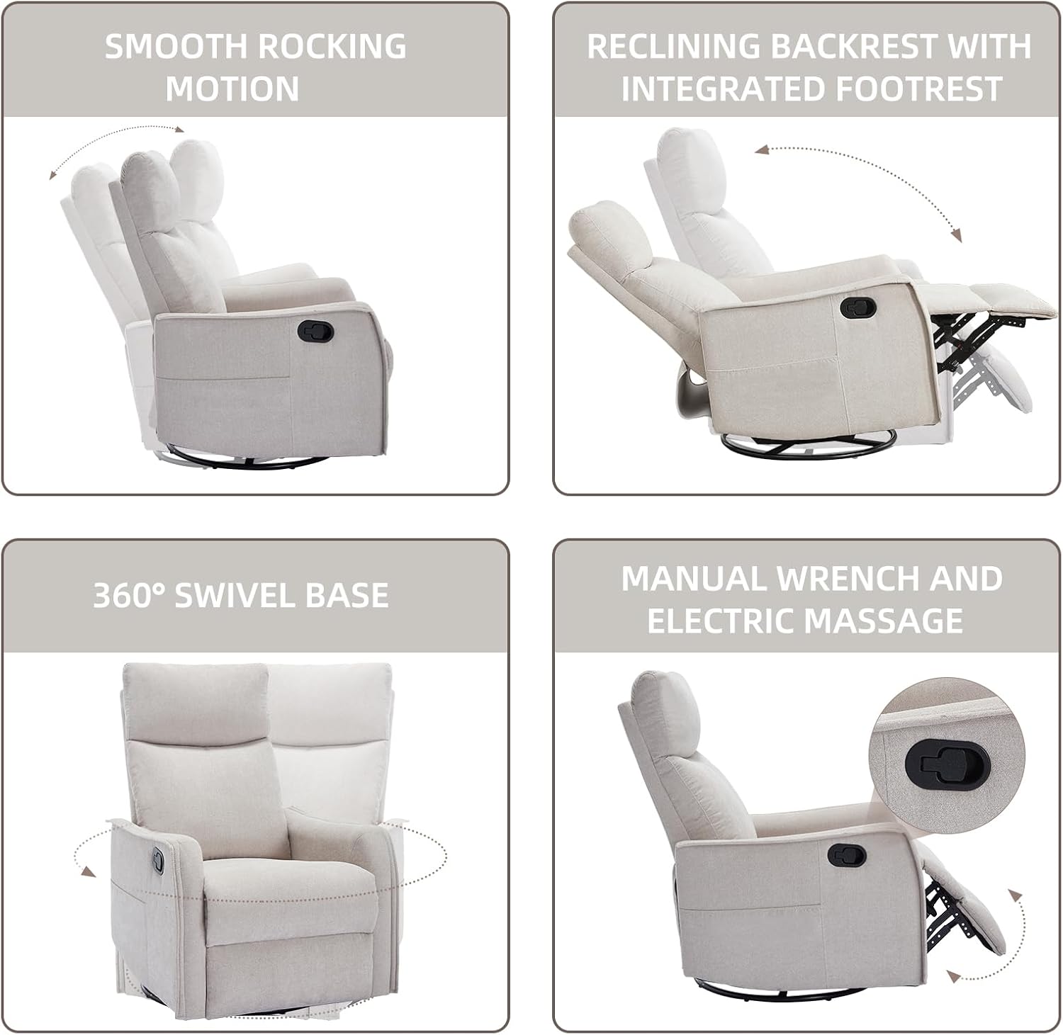 PELUMY 360 Swivel Rocking Recliner Chair for Adults, Nursery Rocking Chair with Heat and Massage, Glider Reclining Chair for Small Space, Living Room, Bedroom (Beige)