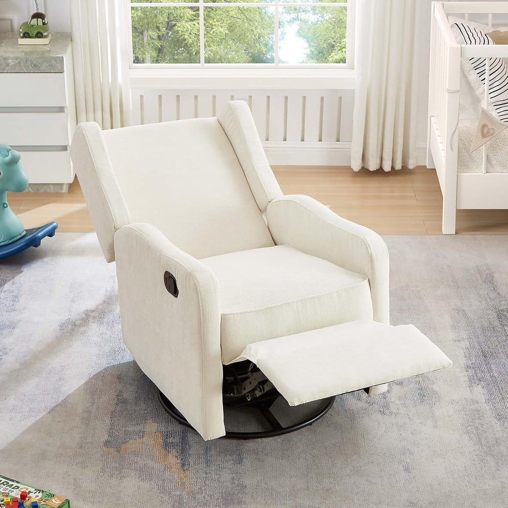 360° Swivel Nursery Glider Recliner Chair, Comfy Upholstered Rocker Recliners for Adults, Modern Ergonomic Nursing Rocking Chair with Footrest and Wingback for Living Room, Bedroom, Lounge, Beige