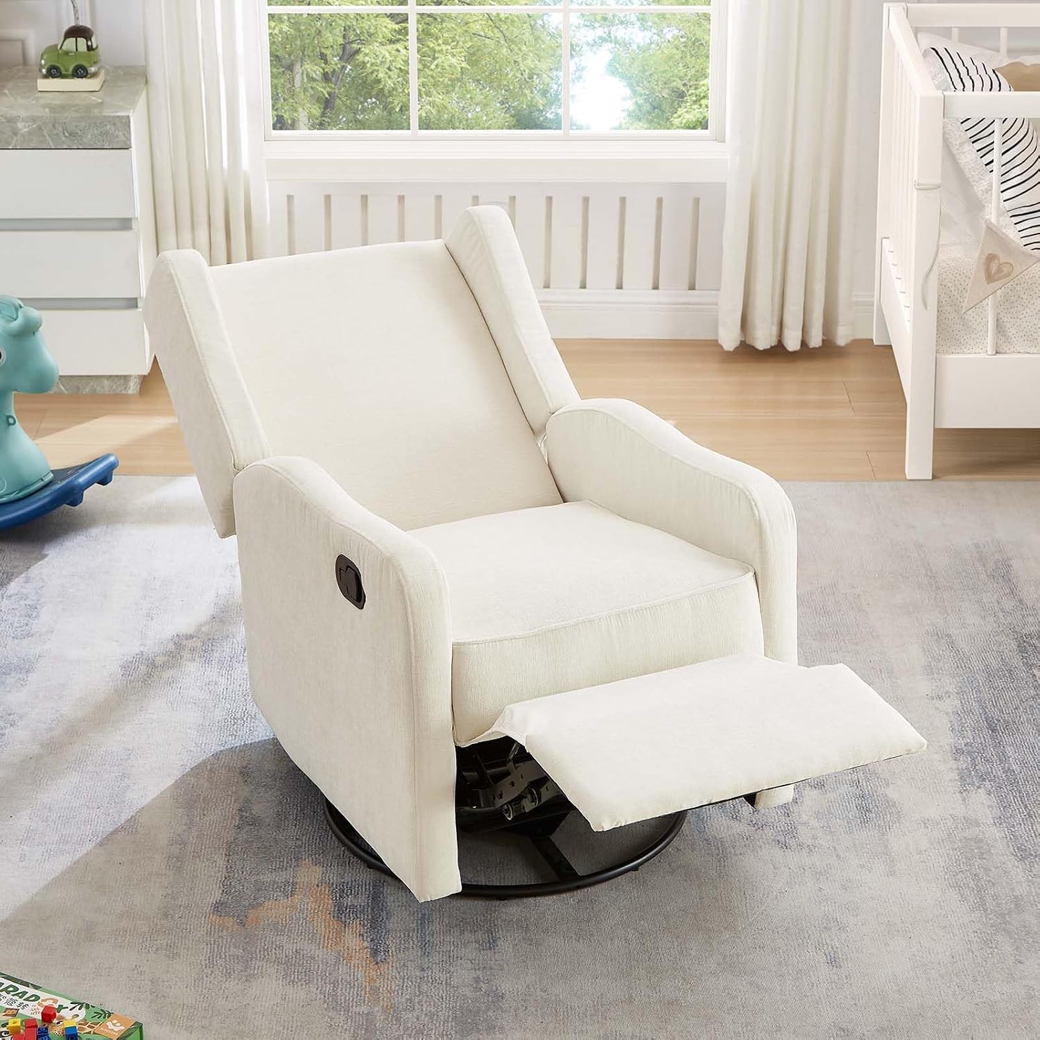 360° Swivel Nursery Glider Recliner Chair, Comfy Upholstered Rocker Recliners for Adults, Modern Ergonomic Nursing Rocking Chair with Footrest and Wingback for Living Room, Bedroom, Lounge, Beige