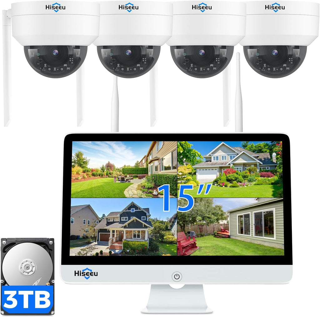 [3TB Storage] Hiseeu Security Cameras Wireless Outdoor System with 15' LCD Monitor 10CH NVR,5MP PTZ Dome Security Cameras System,Explosion-Proof Auto Tracking 4pcs WiFi Camera